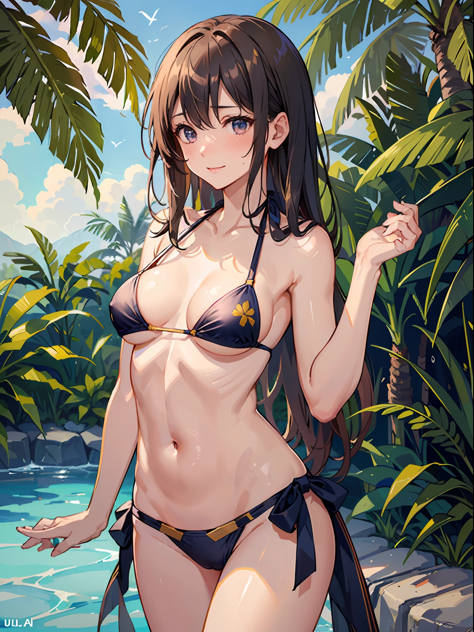 (​masterpiece), (top-quality), (Ultra Small Bikini:1.5), (blushed face:1.3), (Cover your crotch with both hands:1.3),  (boobs protrude from bikini:1.4), under the boobs, side boob is visible,  naked, a beauty girl, precise hands, Embarrassed look, Smile, Very cute, Clear eyes, Shining eyes, (The bikini is about to come off:1.5), big breast, Tummy is visible, cleavage of the breast is visible, the lower abdomen is visible, The crotch is visible, The beautiful skin, ultra-definition, Top resolution, Golden hair