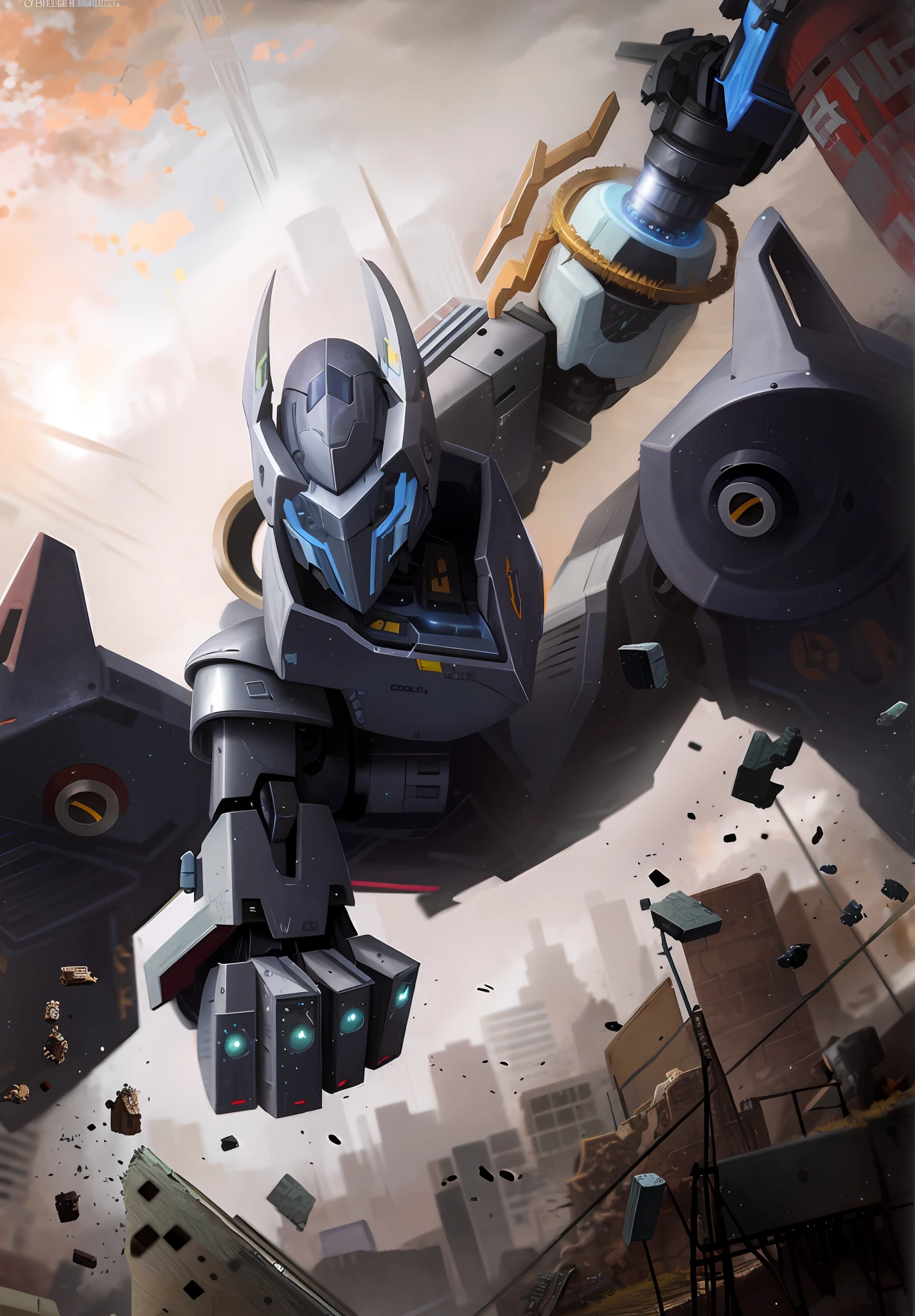 Battle robots in the ruins of the city,sense of science and technology,mechanical structure。