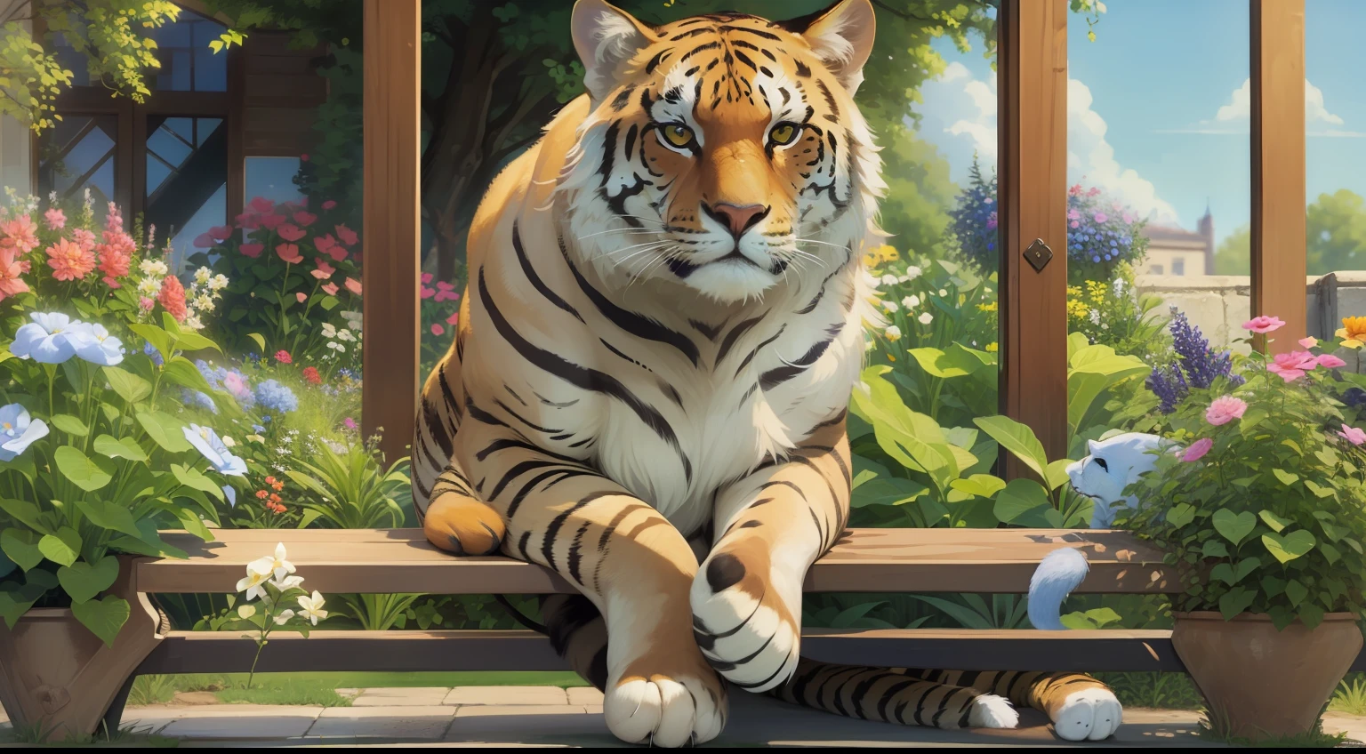 Big cat,sitting on a bench,beautiful garden,staring at the blue sky,8k,detail,hyper realistic
