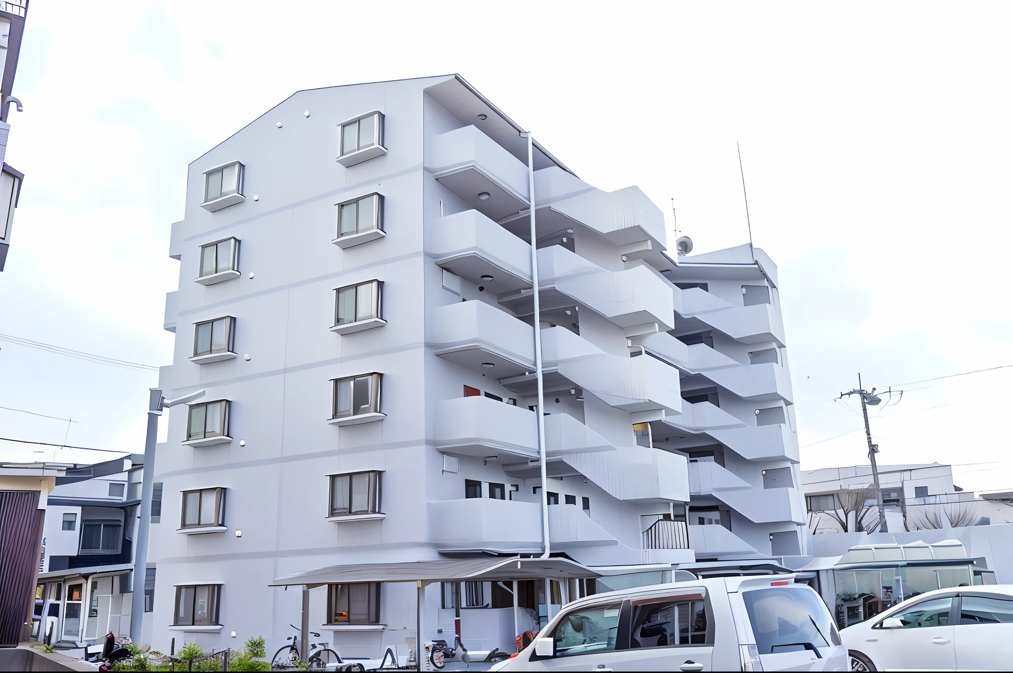 Vehicle parked in front of tall white building with balcony, full building, white building, highrise buildings, Residential area, single building, building facing, outside view, the neat and dense buildings, white building, apartment complex made of tubes, in a japanese apartment, white wall complex, Concrete housing, front side, arhitectural shot, Concrete buildings
