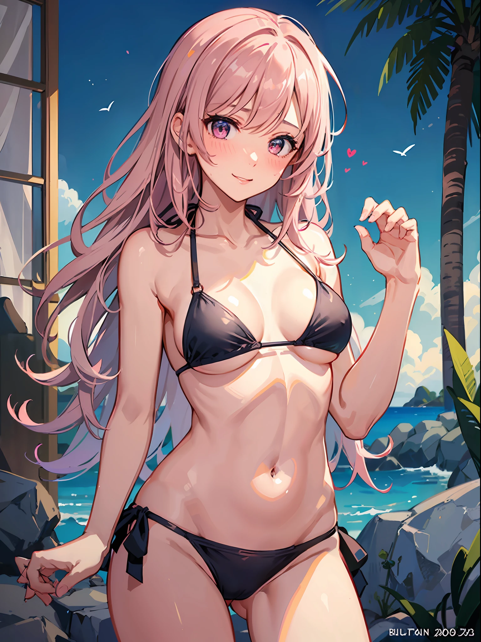 (masterpiece), (top-quality), (Ultra Small Bikini:1.5), (blushed face:1.3), (Cover your crotch with both hands:1.3), (Spilling boobs:1.4), under the boobs, side boob is visible, naked, a beauty girl, precise hands, Embarrassed look, Smile, Very cute, Clear eyes, Shining eyes, (The bikini is about to come off:1.5), big breast, Tummy is visible, cleavage of the breast is visible, the lower abdomen is visible, The crotch is visible, The beautiful skin, ultra-definition, Top resolution, A pink-haired