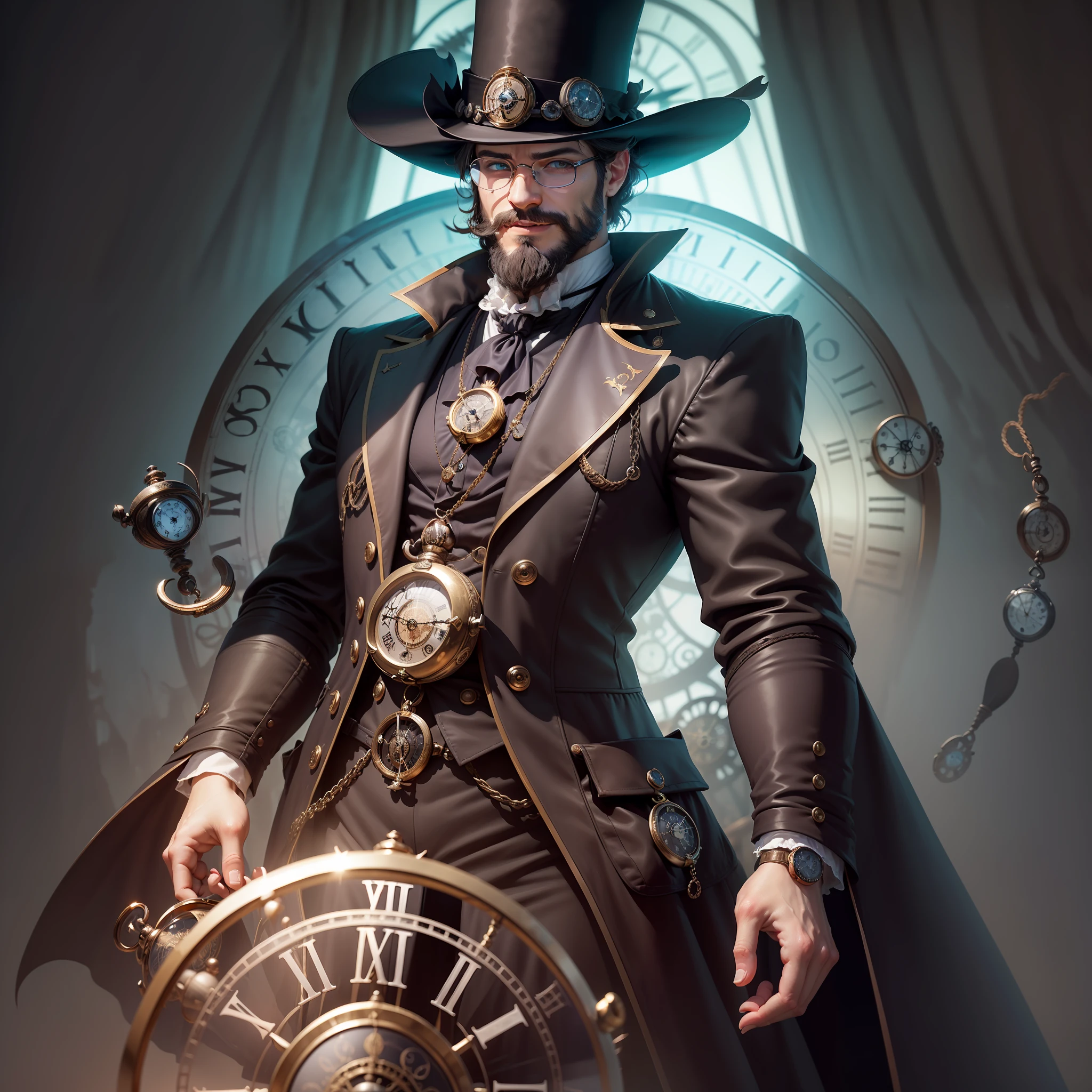 Uma impressionante obra de arte digital no estilo 2.5D brings to life the mysterious and charming theme of a 30-something, with beard and glasses. He is dressed in black mage clothes., complete with a pointed hat, exuding an aura of mystique. With a playful smile on his lips, He adjusts his monocle, the light reflecting off its surface adding to the intrigue. Behind him hangs a giant pocket watch, shrouded in ethereal mist, further enhancing the enigmatic atmosphere. The close-up composition allows viewers to appreciate the character's intricate details and mesmerizing blend of digital art techniques. This work of art is a true masterpiece, cativando e convidando os espectadores a mergulhar em um mundo de maravilhas. (deslumbrante, misterioso, encantador), (roupas de mago preto:1.3), (Pointed hat:1.2), (playful grin:1.3), (Tight monocle:1.4), (giant pocket watch:1.5), (ethereal haze:1), (detalhes intrincados:1), (Hypnotizing Mistura of Digital Art Techniques:1.5),