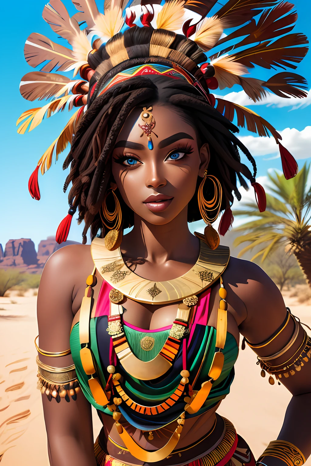 (masterpiece:1.2), (best quality:1.2), perfect eyes, perfect face, perfect lighting, photoshoot, 1girl, mature female wearing SSAHC, SSAHC, dark-skinned, colorful tribal dress, headdress, thick eyelashes, makeup, eyeshadow, medium hair, oasis, desert detailed outdoor background