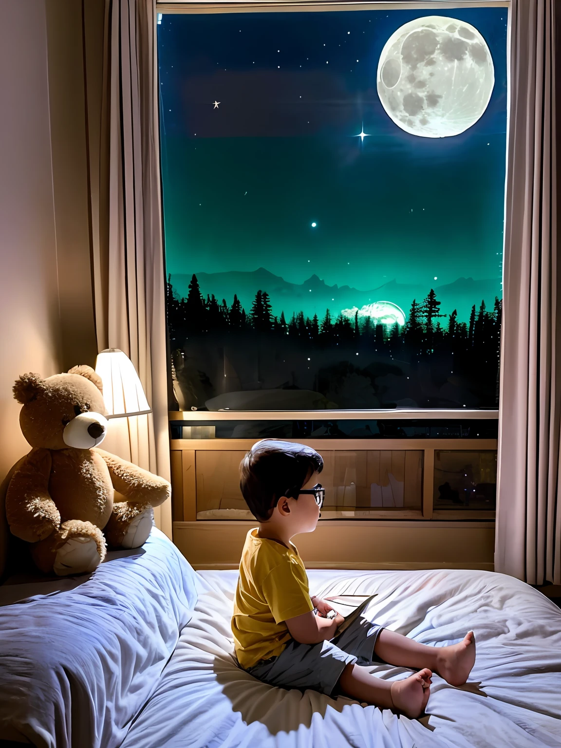 guttonervision8, Create an illustration of a 3-year-old boy wearing glasses, sitting on his bed, and holding his stuffed teddy bear, with a nighttime setting and the soft glow of moonlight entering through the window.
In this enchanting artwork, the young boy sits peacefully on his bed, his glasses reflecting the moonlight as he gazes fondly at his beloved teddy bear. The moon's gentle rays cast a serene glow over the room, creating a calming and dreamy atmosphere.
The room is dimly lit, with the moonlight serving as the primary source of illumination. Shadows dance across the walls and floor, creating a sense of coziness and intimacy.
The boy's room is adorned with elements that showcase his personality and interests. Toys, books, and perhaps some artwork may be visible in the background, adding to the charm and personal touch of the scene.
The teddy bear, with its soft and cuddly appearance, seems to come to life under the moonlight, becoming an essential companion for the boy's nighttime adventures and dreams.
Intricate details should be used to capture the boy's innocence and wonder, as well as the texture and warmth of the teddy bear. The moonlight's soft glow should be depicted in a way that highlights the magic of the moment.
The final artwork will be a heartwarming portrayal of a young boy finding comfort and joy in the presence of his teddy bear, under the enchanting light of the moon. It will evoke feelings of warmth, nostalgia, and the wonder of childhood dreams.