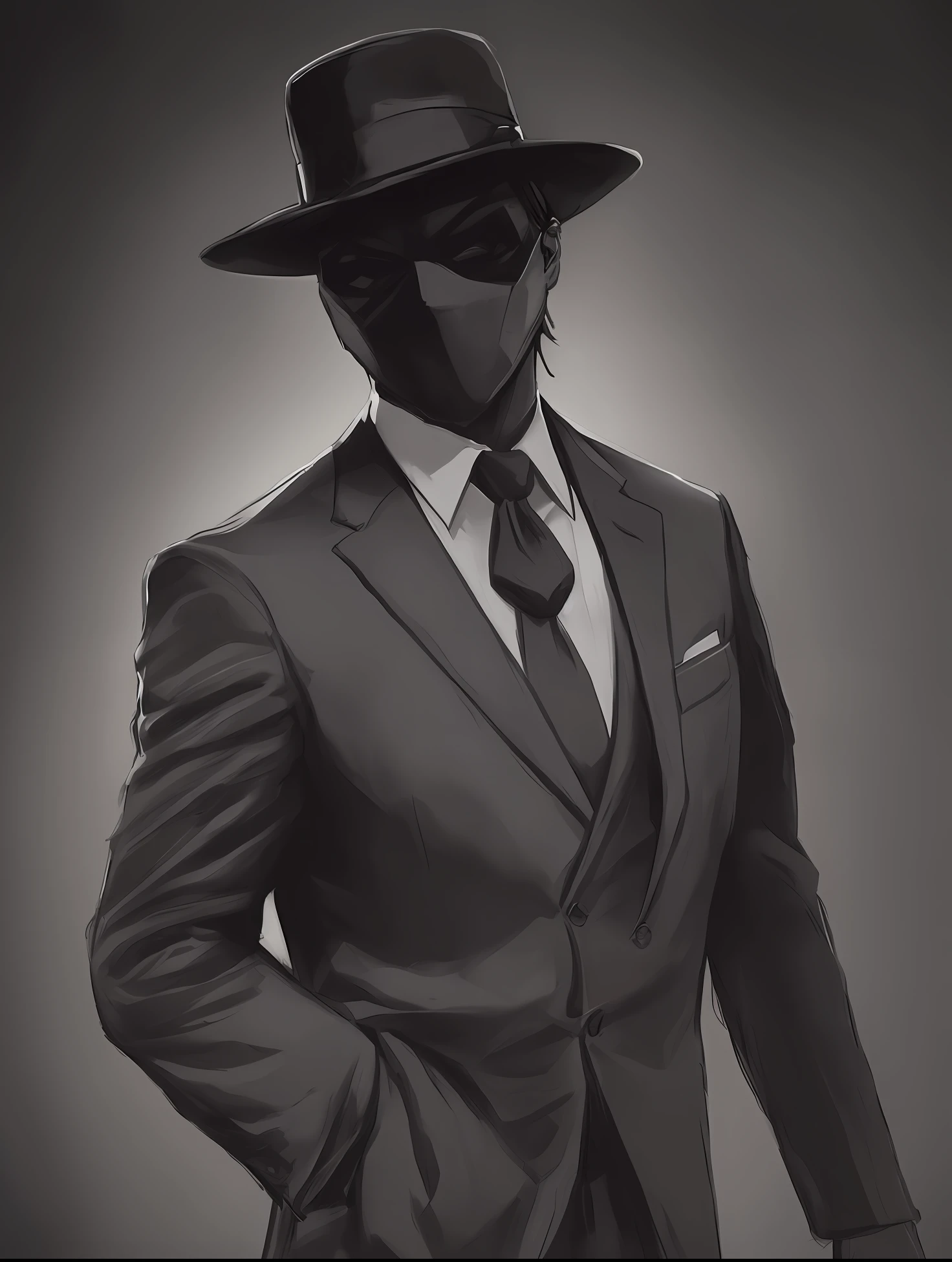 Painting of a man in suit and tie with a black mask, Personagem sombrio e sinistro, terno escuro, desenhado em um estilo neo - noir, homem magro, pessoa sem rosto escura, Homem de preto, magro, anthropomorphic silhouette, Scary black figure standing, por Chip Zdarsky, sozinho