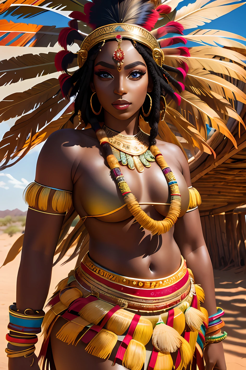(masterpiece:1.2), (best quality:1.2), perfect eyes, perfect face, perfect lighting, photoshoot, 1girl, mature female wearing SSAHC, SSAHC, dark-skinned, colorful tribal dress, headdress, thick eyelashes, makeup, eyeshadow, medium hair, oasis, desert detailed outdoor background