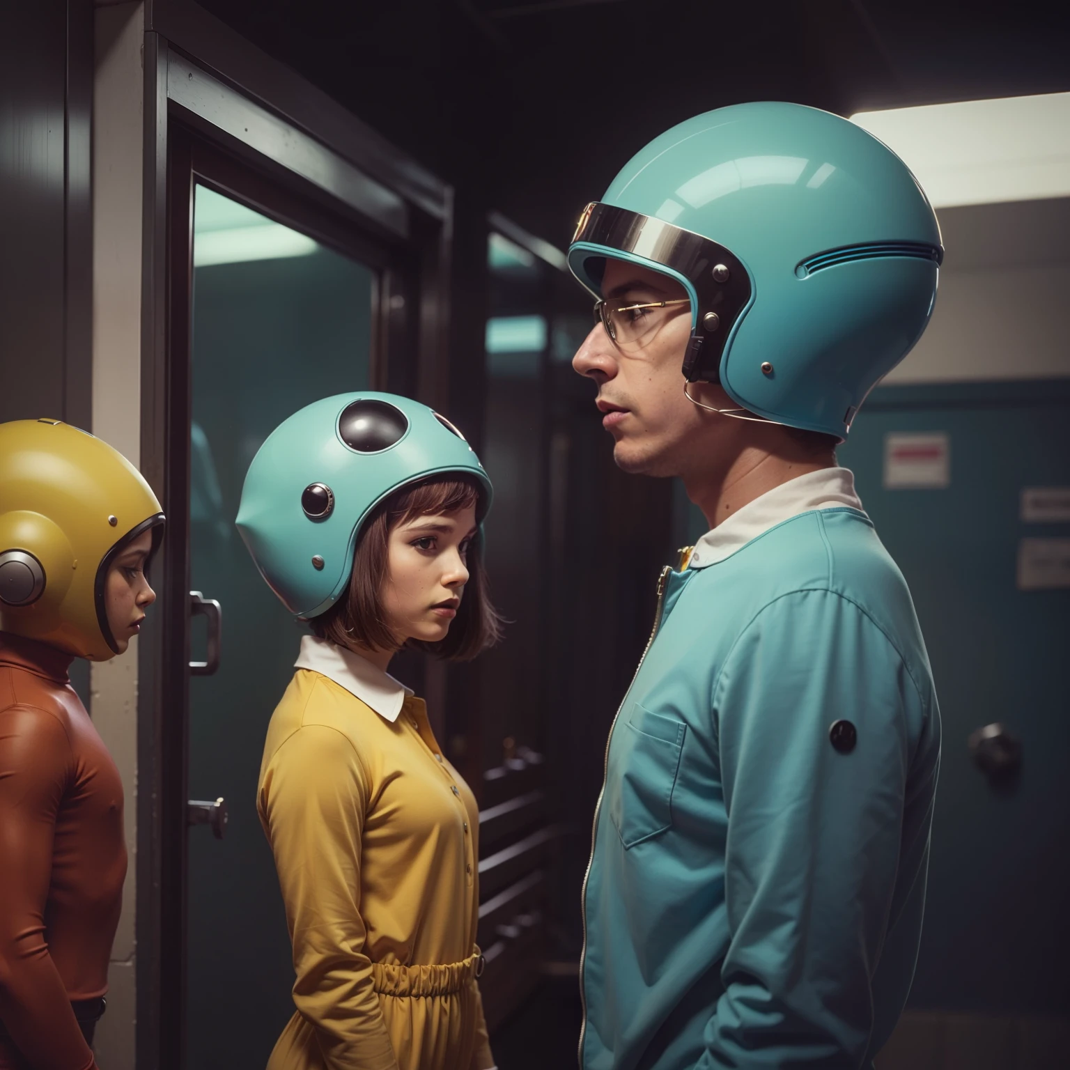 4k image from a 1960s science fiction film by Wes Anderson, Film the shape of Water, pastels colors, Young people in animal helmets holding a mechanical dog on the street, Retro-futuristic fashion clothes from the 60s with alien ornaments, Luz Natural, Psicodelia, futurista estranho, retro-futurista, photo-realistic, Sharp background details.