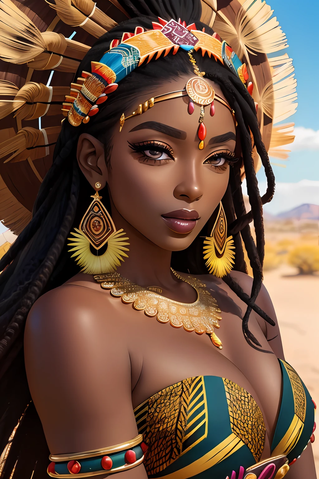 (masterpiece:1.2), (best quality:1.2), perfect eyes, perfect face, perfect lighting, photoshoot, 1girl, mature female wearing SSAHC, SSAHC, dark-skinned, colorful tribal dress, headdress, thick eyelashes, makeup, eyeshadow, medium hair, oasis, desert detailed outdoor background