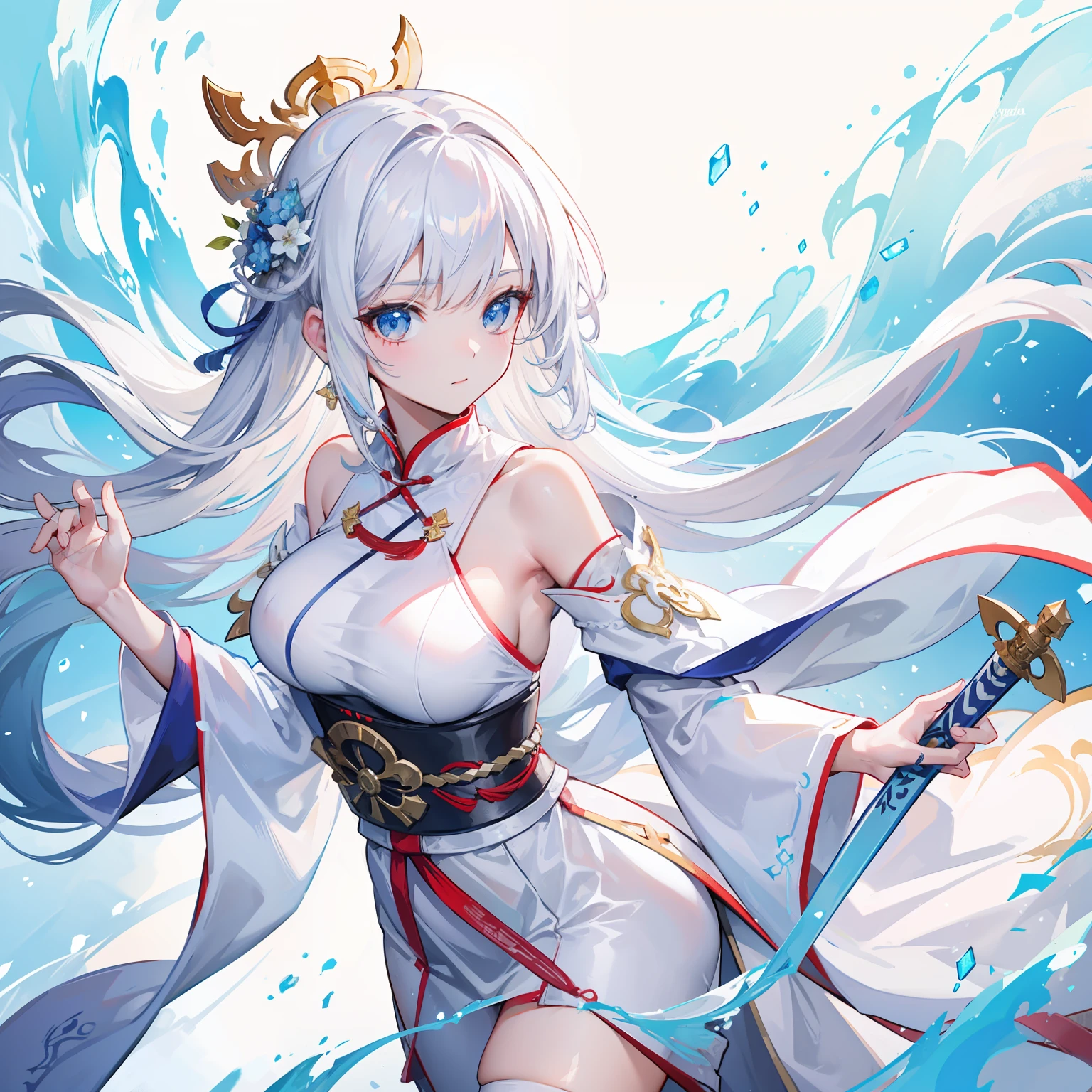 Close-up of a woman in a white dress holding a sword,a character portrait by Yang J,The popularity of CGsociety,Fantasyart,beautiful character painting,Guviz-style artwork,Guvitz,white hanfu,flowing white robe,full-body wuxia,epic exquisite character art,stunning character art,beautiful female assassin,,little breast,White stockings