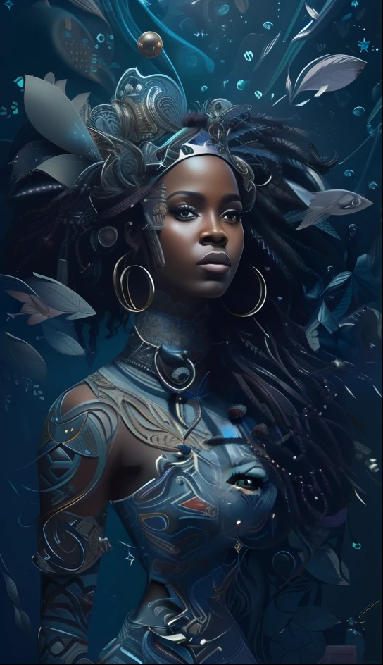 a woman with long hair and a crown on her head, afrofuturismo, estilo afrofuturismoo, pele escura deusa feminina do amor, Retrato da sereia negra, Afrofuturista, afrofuturista, Um retrato impressionante de uma deusa, futurismo afro, Retrato do guerreiro da sereia, afrocentric mysticism, bela arte digital, mulher Himba futurista bonita, Princesa negra africana, afro futurista