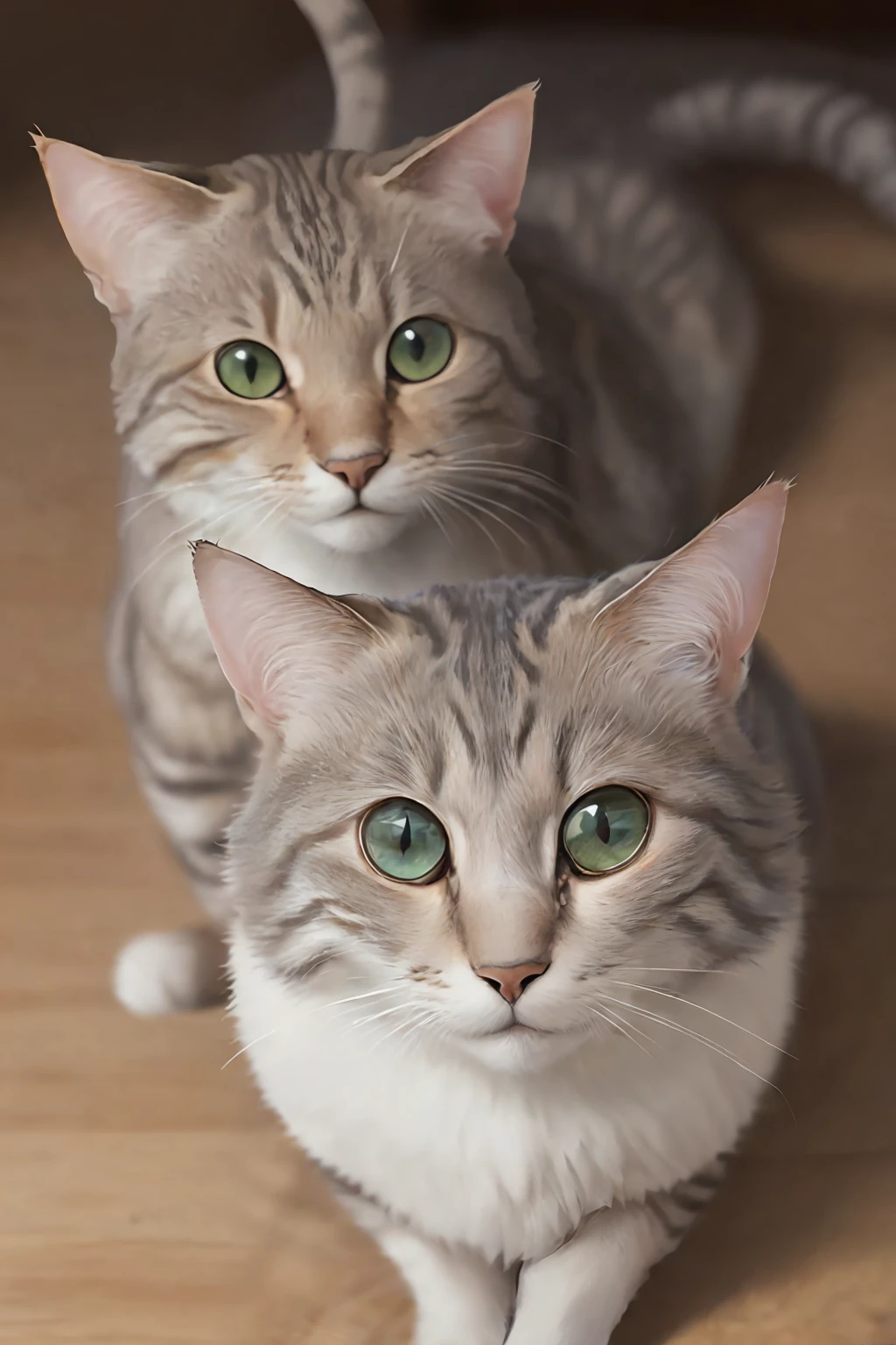 Crie uma imagem super-realista de um gato marisco, cinza, super lindo, olhos verdes, stare from the camera with a lot 🥰
