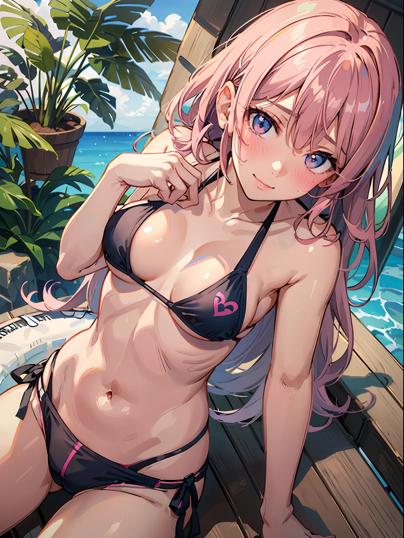 (masterpiece), (top-quality), (Ultra Small Bikini:1.5), (blushed face:1.3), (Cover your crotch with both hands:1.3), (Spilling boobs:1.4), under the boobs, side boob is visible, naked, a beauty girl, precise hands, Embarrassed look, Smile, Very cute, Clear eyes, Shining eyes, (The bikini is about to come off:1.5), big breast, Tummy is visible, cleavage of the breast is visible, the lower abdomen is visible, The crotch is visible, The beautiful skin, ultra-definition, Top resolution, A pink-haired