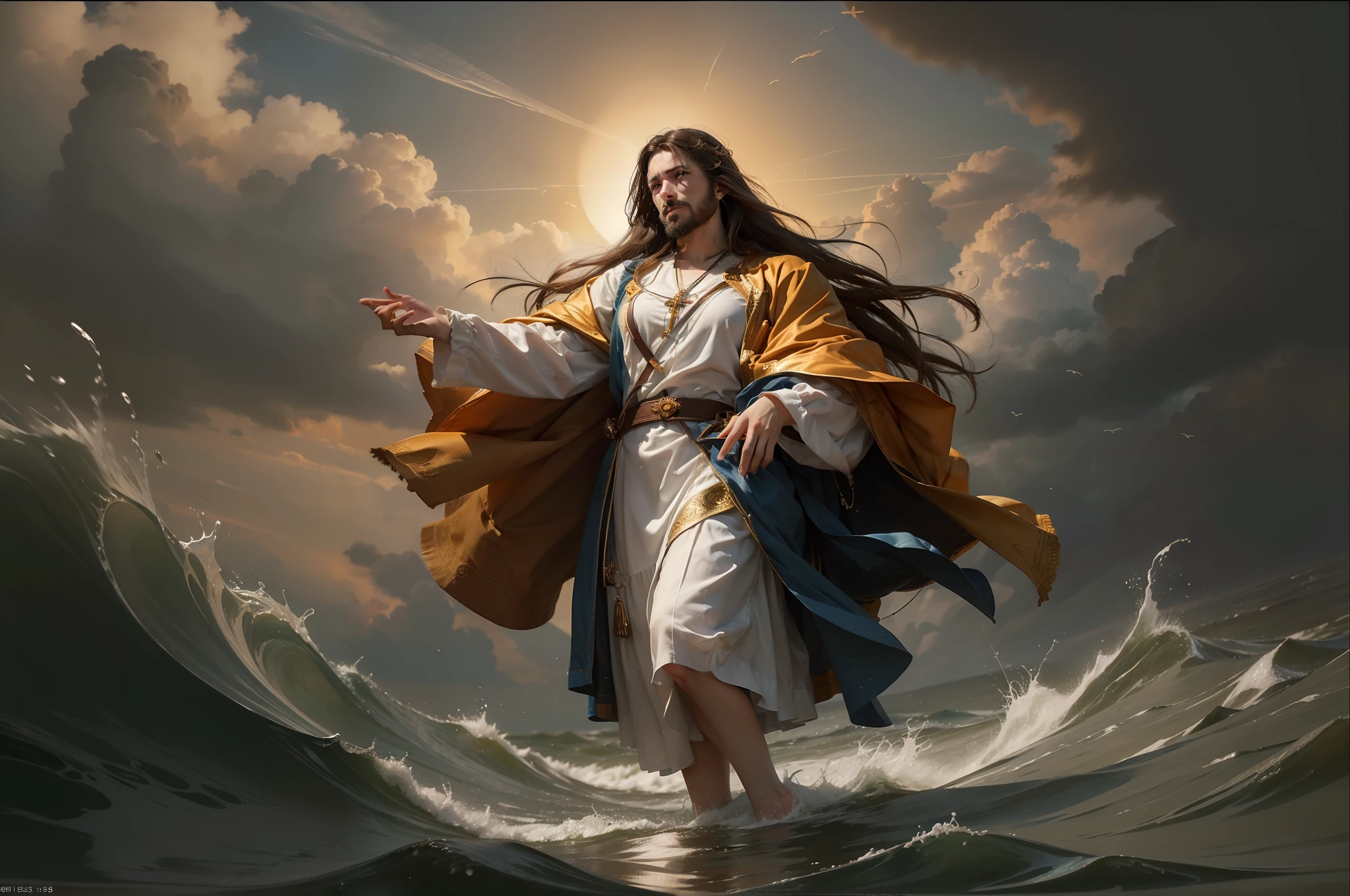 jesus, cruzando las aguas del oceano, el oceano turbulento, opens for Jesus to pass, ((imagen epica)) , ((caras bien detalladas)), ((manos bien detalladas)) well-defined, clear faces, la gente tiene miedo huyendo despavorida por cualquier lado (Obra maestra, Detalles intrincados, La mejor calidad) hiperrealismo, Obra maestra, Detalles intrincados, extremadamente detallado, cuerpo completo, ((Mejor calidad, 8K, obra maestra: 1.3))