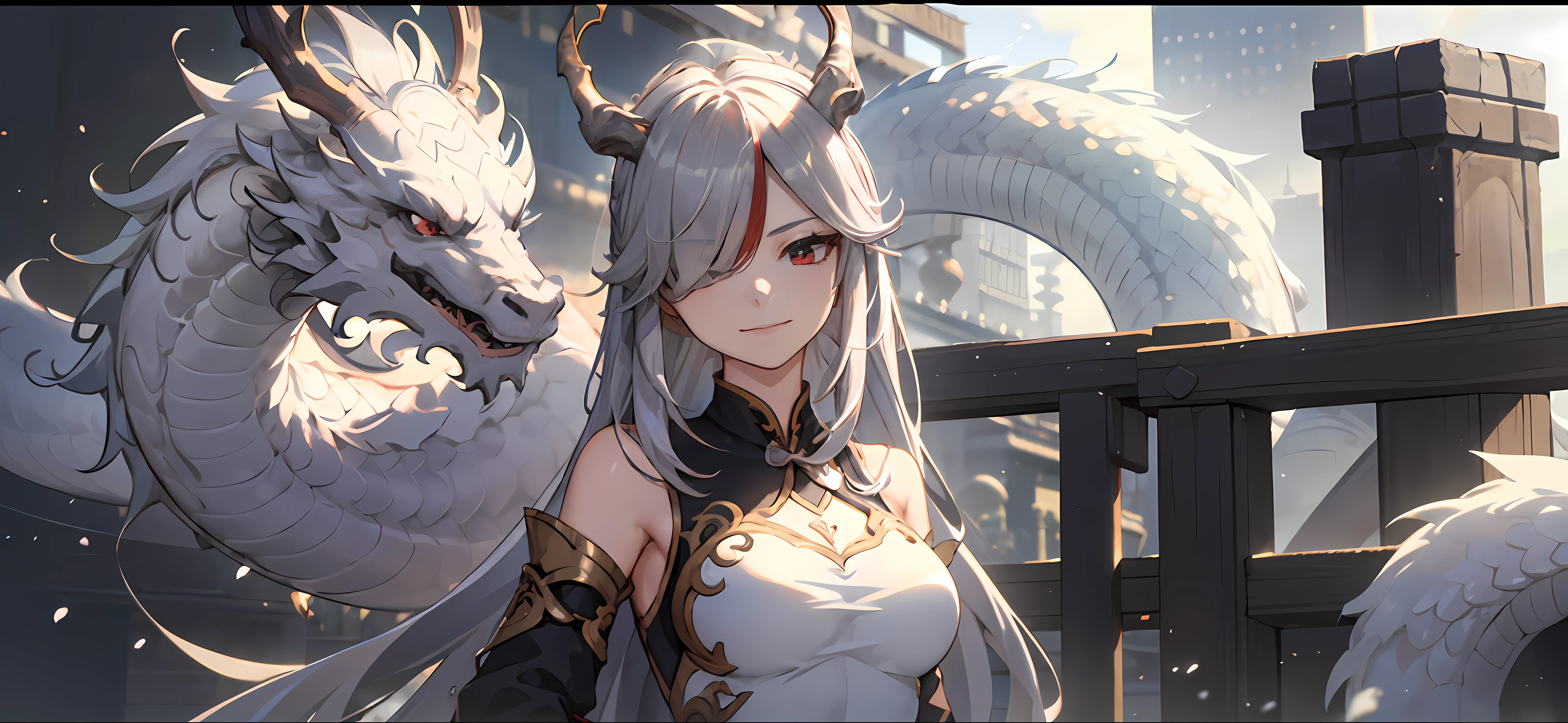 1girl, silver hair, long hair, straight hair, red eyes, hair over one eye, Chinese dragon horns, hanfu, sleeves folded up, medium breasts, there is a chinese white dragon in the background, motion lines, ray tracing, god rays, super detail, UHD, anatomically correct, masterpiece，upper body，simple background