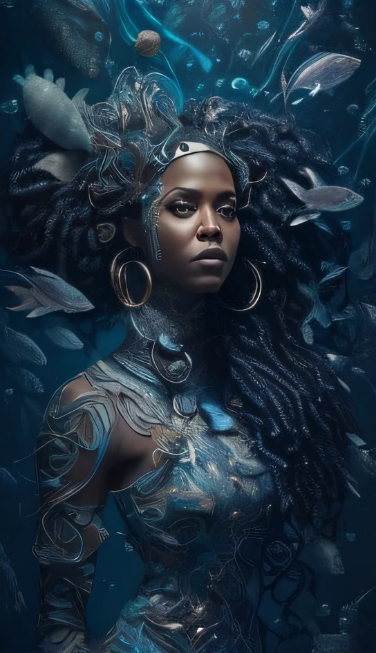 a woman with long hair and a crown on her head, afrofuturismo, estilo afrofuturismoo, pele escura deusa feminina do amor, Retrato da sereia negra, Afrofuturista, afrofuturista, Um retrato impressionante de uma deusa, futurismo afro, Retrato do guerreiro da sereia, afrocentric mysticism, bela arte digital, mulher Himba futurista bonita, Princesa negra africana, afro futurista