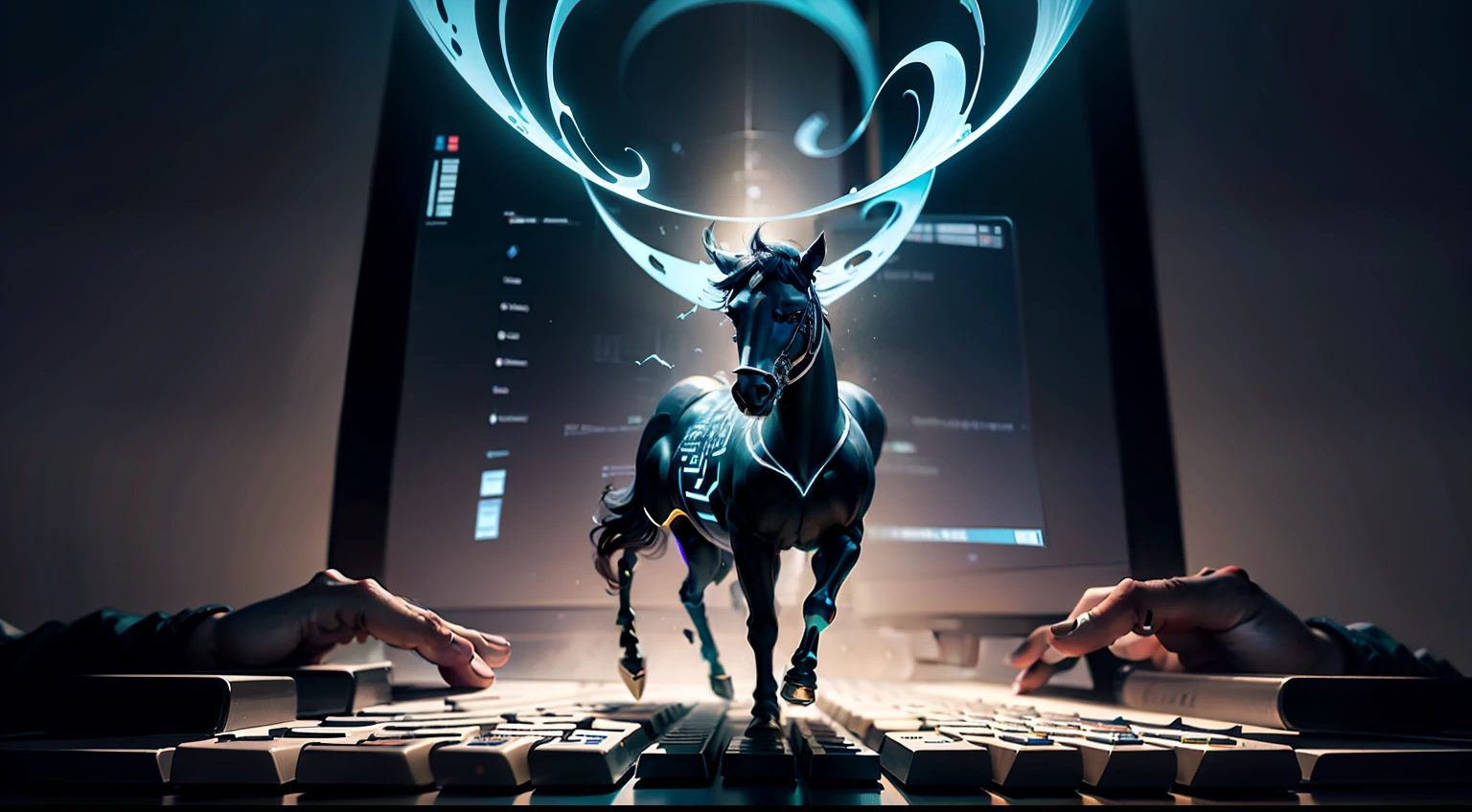 Surreal realism,Ink dancing flowing in the dark,Coder grips the keyboard,Confrontation with the screen,It's like a hacker's sword dance,Break through the maze of campus passwords,Puzzle-like attack and defense,Data flows through computer screens,My figure galloped past in the splendor。8K realism。