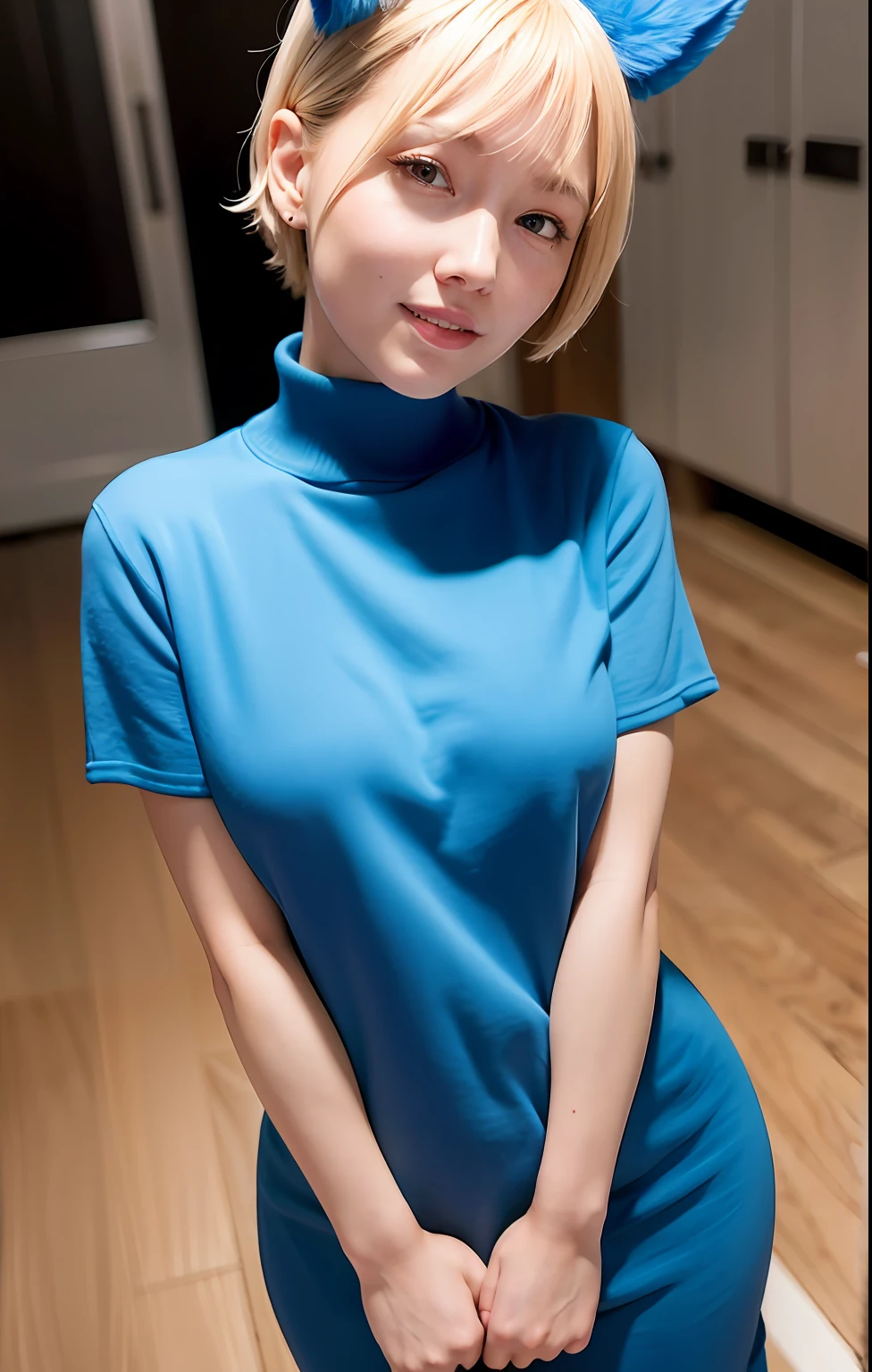 masterpiece, top quality, official art, highly detailed CG unity 8k wallpaper, single girl, ultra high definition, (photorealistic: 1.4), golden hour lighting, sweater dress, (upper body), (Kpop Idol), (charming: 1), (platinum short hair: 0.8), ((puffy eyes)), looking at the viewer, facing forward, smiling, laughing,middle chest, shirt lift, gloves,shorthair, ( blue dog ears),