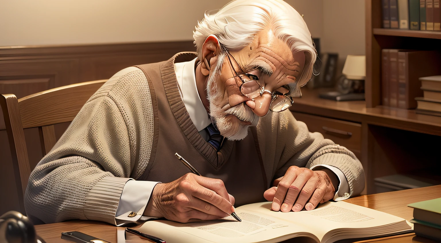 a knowledgeable and personable old man setting and on the desk in a cozy study room