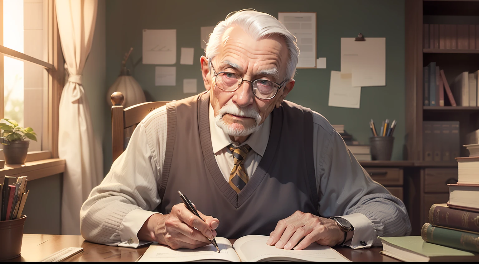 a knowledgeable and personable old man setting and on the desk in a cozy study room
