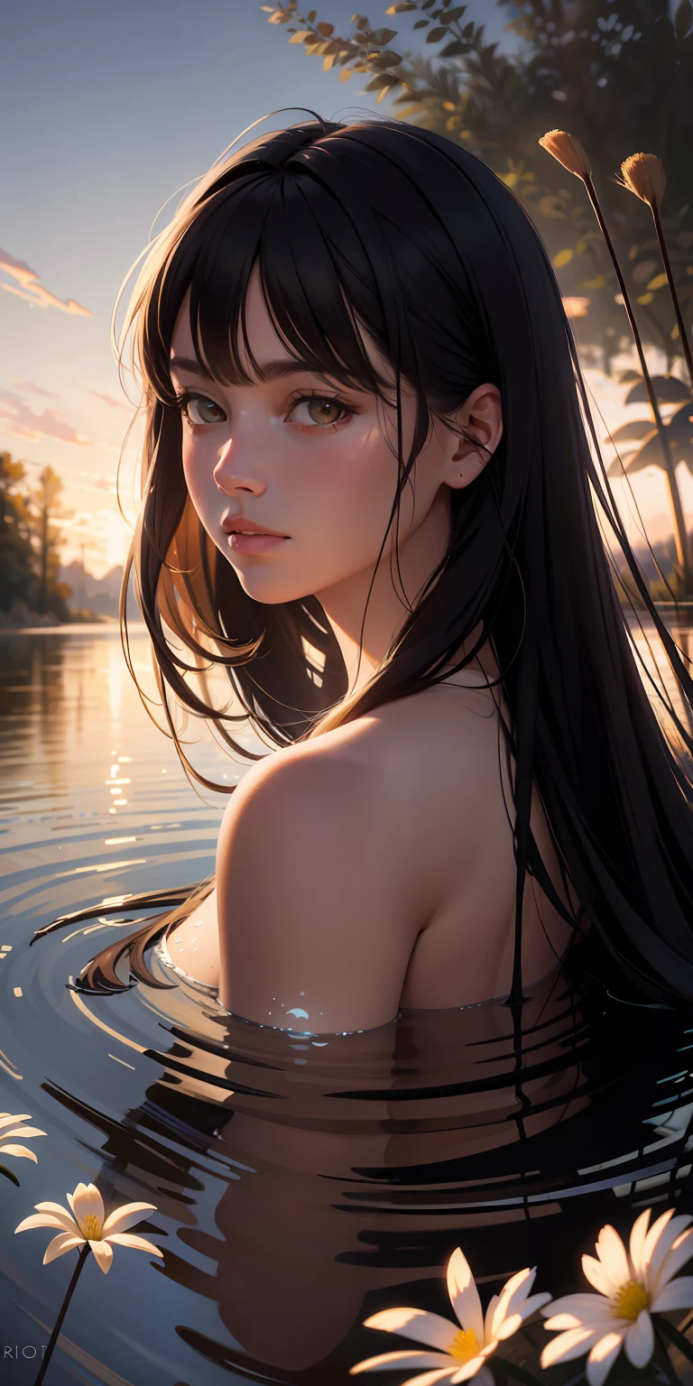 closeup portrait （GLDOT） Bathe in the river， phragmites， （The light from the back window is backlighted）， Realistis， tmasterpiece， highest  quality， lens flare glow， shadowing， blooms， [[color difference]]，JeremyLipking，Antonio Manzanedo，digitial painting，whaite hair