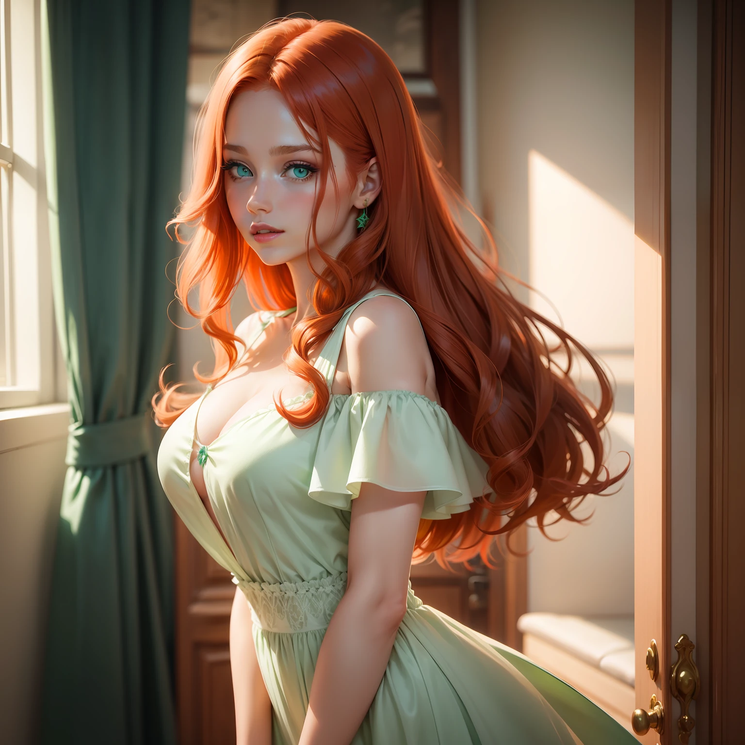 Woman, redhead, straight hair, light auburn hair, teal eyes, white skin, light pink lips, Green dress party