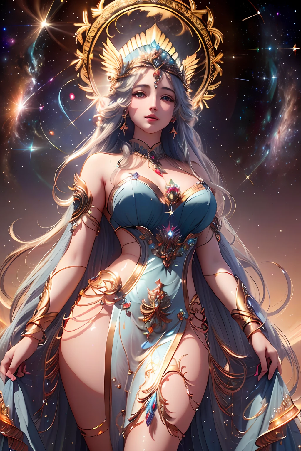 masterpiece, 8k, dslr, ultra-high quality, perfect face, clean, flawless, best illumination, ((a goddess of creation, creating a universe, majestic outfit, godly, in front)), very long hair, jewelery, hair ornament, cinematic lighting, beautiful and detailed eyes, beautiful skin, attractive, ultra-high resolution, high-definition,detailed background,