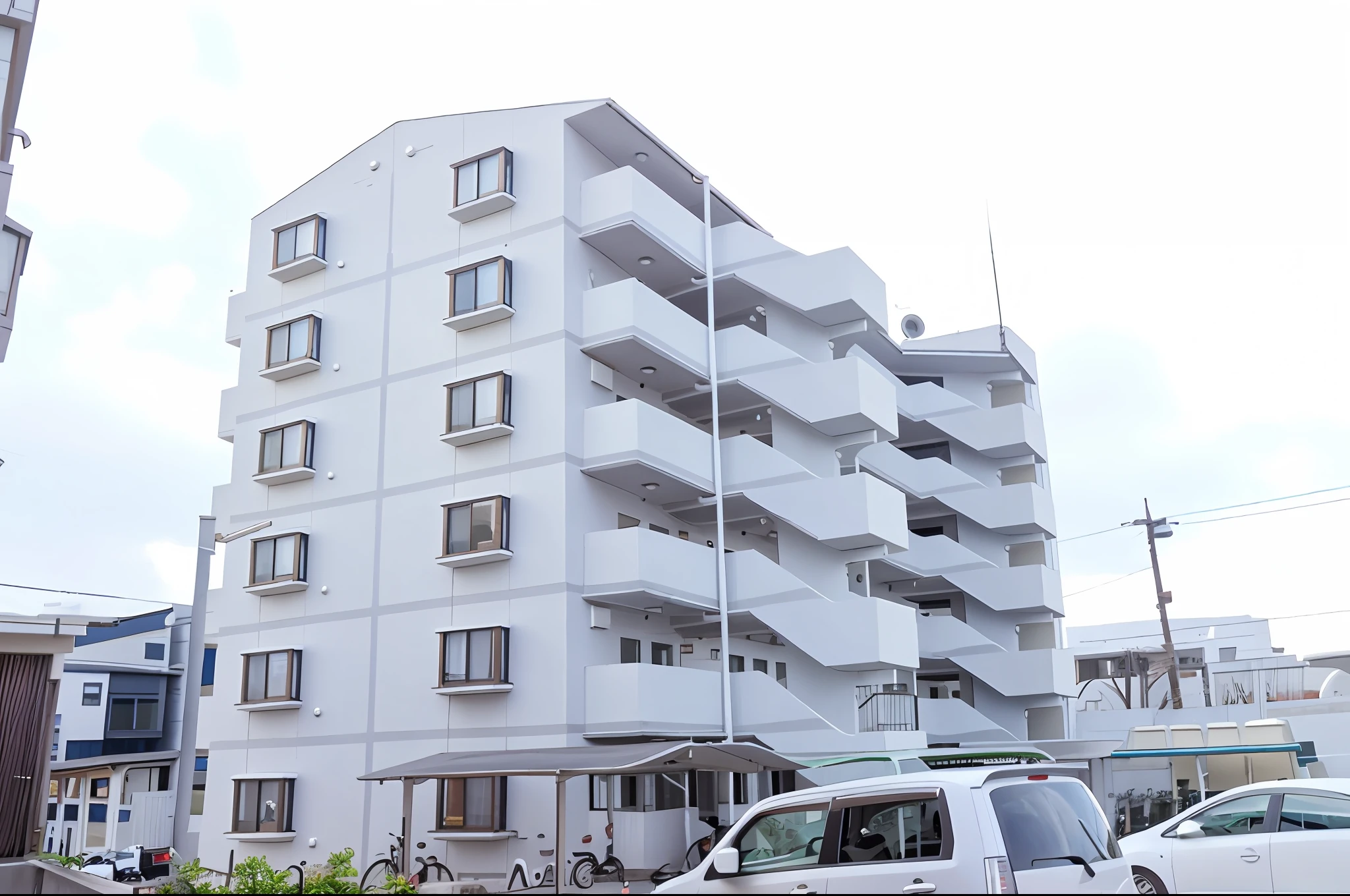 Vehicle parked in front of tall white building with balcony, full building, white building, outside view, highrise buildings, single building, building facing, Residential area, image in center, white building, front side, the neat and dense buildings, Other small buildings, white wall complex, Concrete housing, Outside view, front-facing view, complex buildings, Concrete buildings