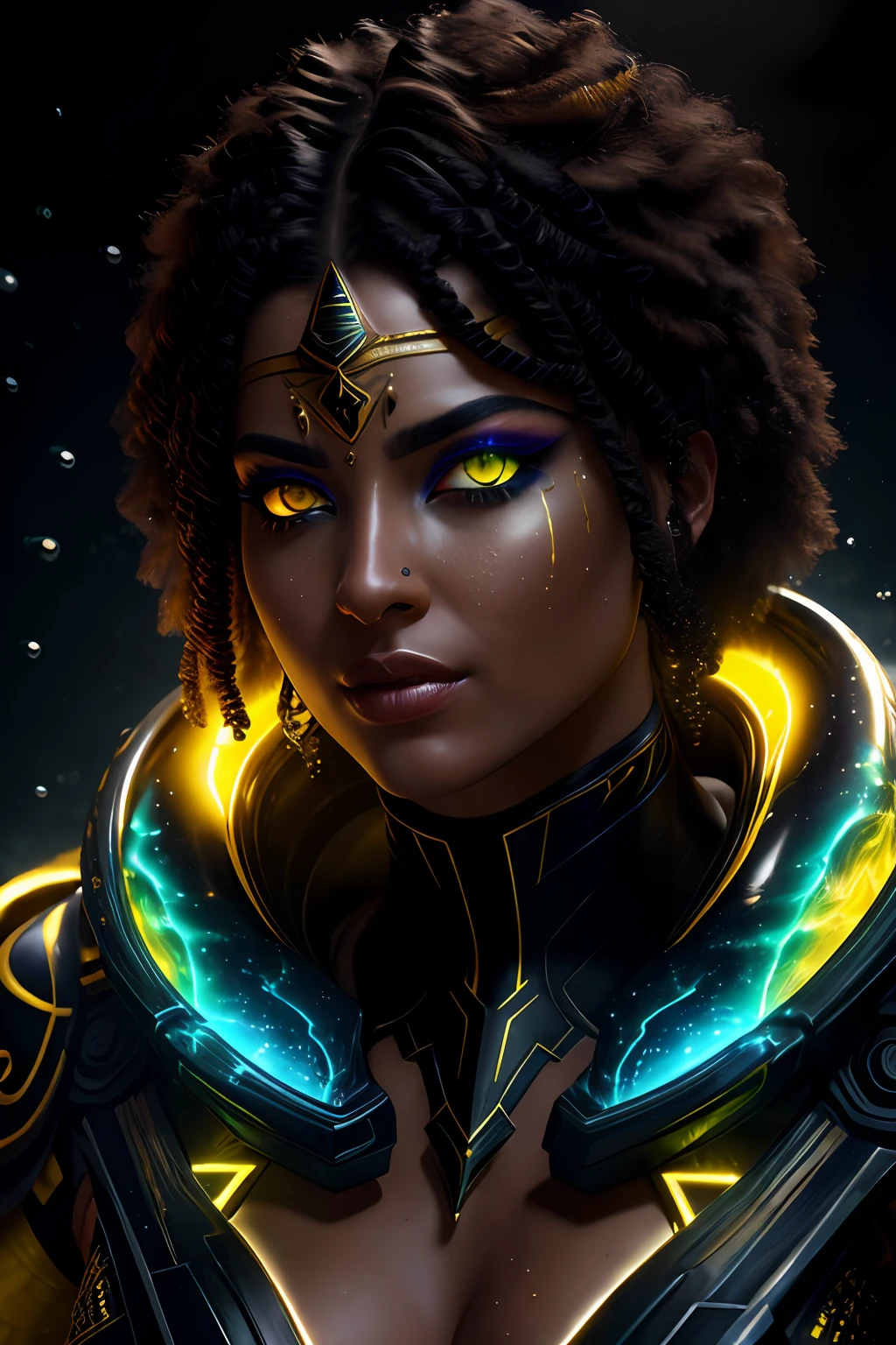 (female egyptian warrior), black and gold haired, ((yellow glowing eyes)),  ((Photorealistic)) extreme close-up,  bioluminescent, realism, high detail, octane render, 8k, (((Chaotic storm of intricate colorful liquid flowing from body))), full - length abstract portrait, wet-skin, ((bubbly underwater scenery)) radiant light octane render highly detailed,  Style-Hamunaptra, style-paintmagic