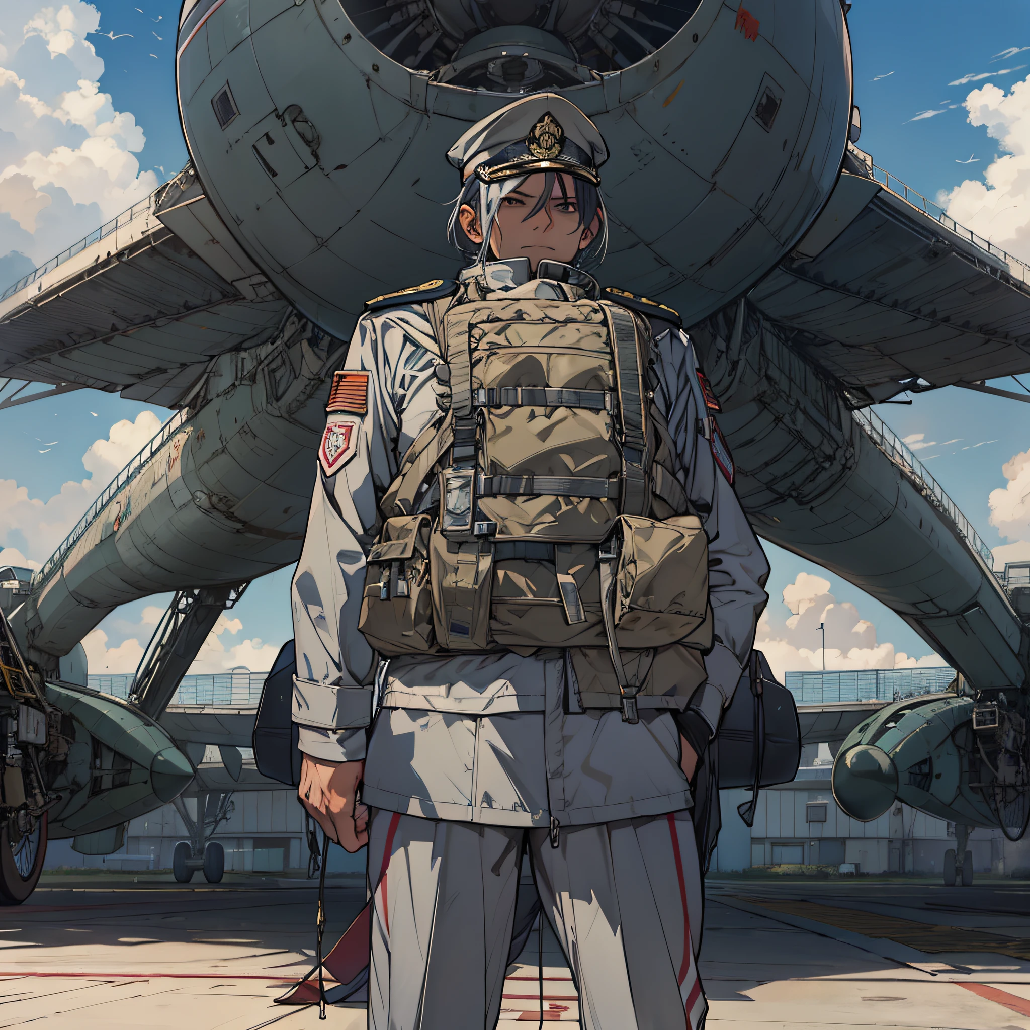 Lieutenant General、full body Esbian、His arms folded、Standing、Stand on the ground with your arms crossed、In front of the hangar、looking at sky、facing front、