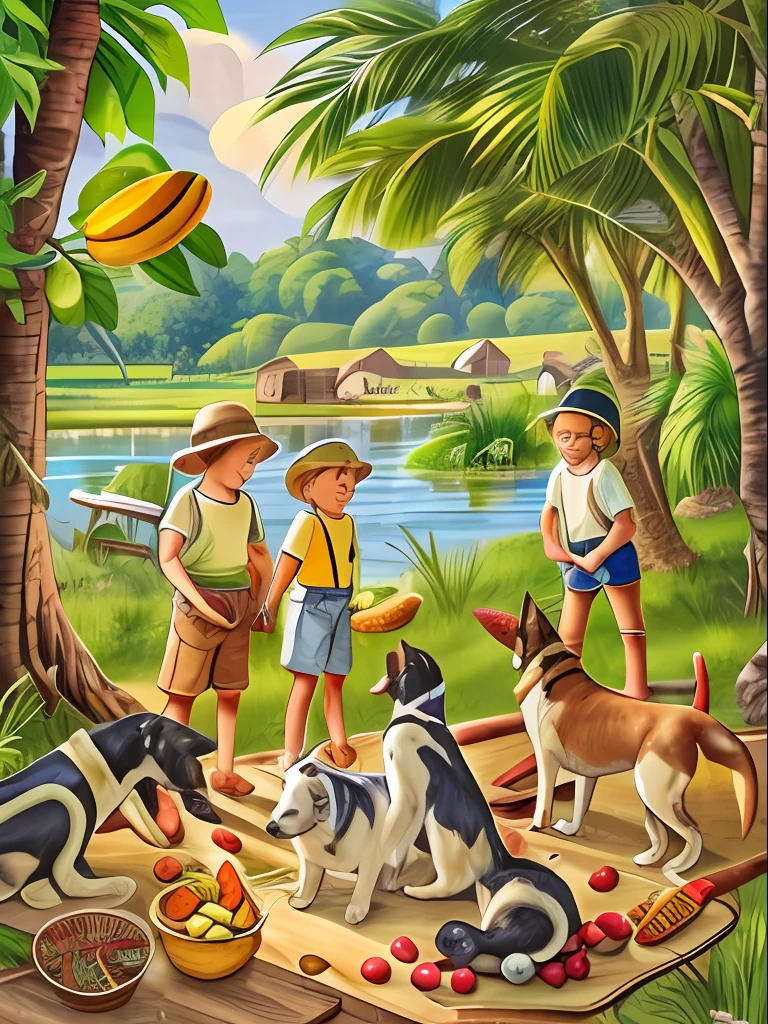 Children by the river on a farm with dogs, cavalos e varios animais ; with many trees and barbecue, com muitas arvores cheias de frutas como manga ,banana ,laranja e muitas outras frutas ; com o ceu azul celestial e muitascoessias sirridentes e alegres.