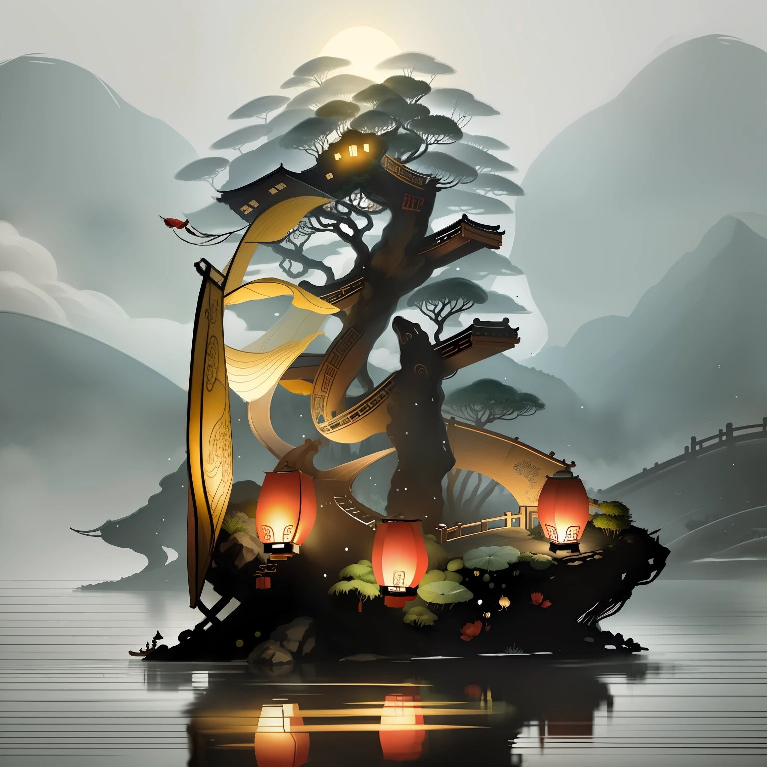 masterpiece,best quality,Chinese martial arts style,an asian night scene with lanterns and water lilies,asian pond with many lanterns and boatsa night scene with many lights and boats in the water, Lake surface, lotus flowers,beautiful night scene,(((Chinese martial arts style))), with vast sky, continuous mountains and steep cliffs, ink wash style, outline light, atmospheric atmosphere, depth of field, mist rising, bamboo, pine trees, octagonal stone pavilion, waterfall flowing water,big full moon,(No color) , Monochrome, light color,