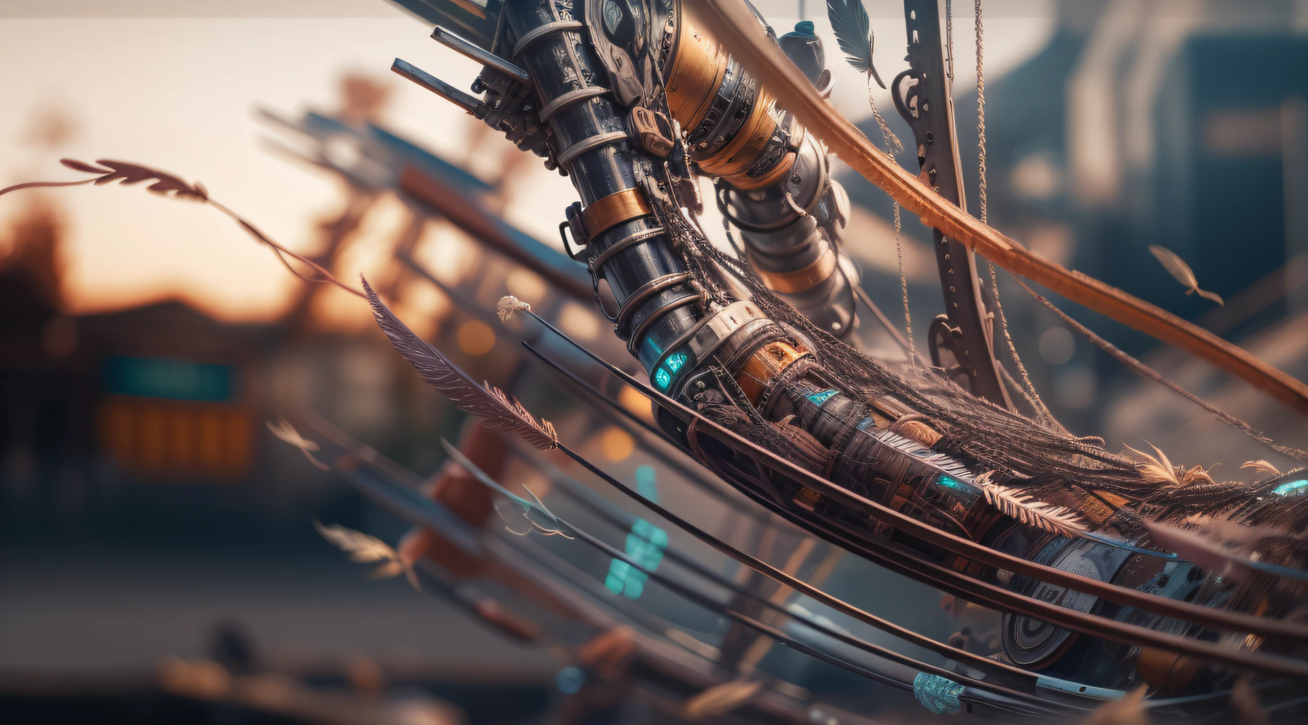 a heavily distorted, fading clear sky at late dusk, a singular object comprised of contorted feathers/machinery/pipes/rusted components is floating in the air, steel strings weave into each other, extra detail, 4kHD details, best resolution, surrealistic composition, extreme camera angle, motion blur, depth of field, foreshortening, tilted camera angle, cinematic lighting, movie scene