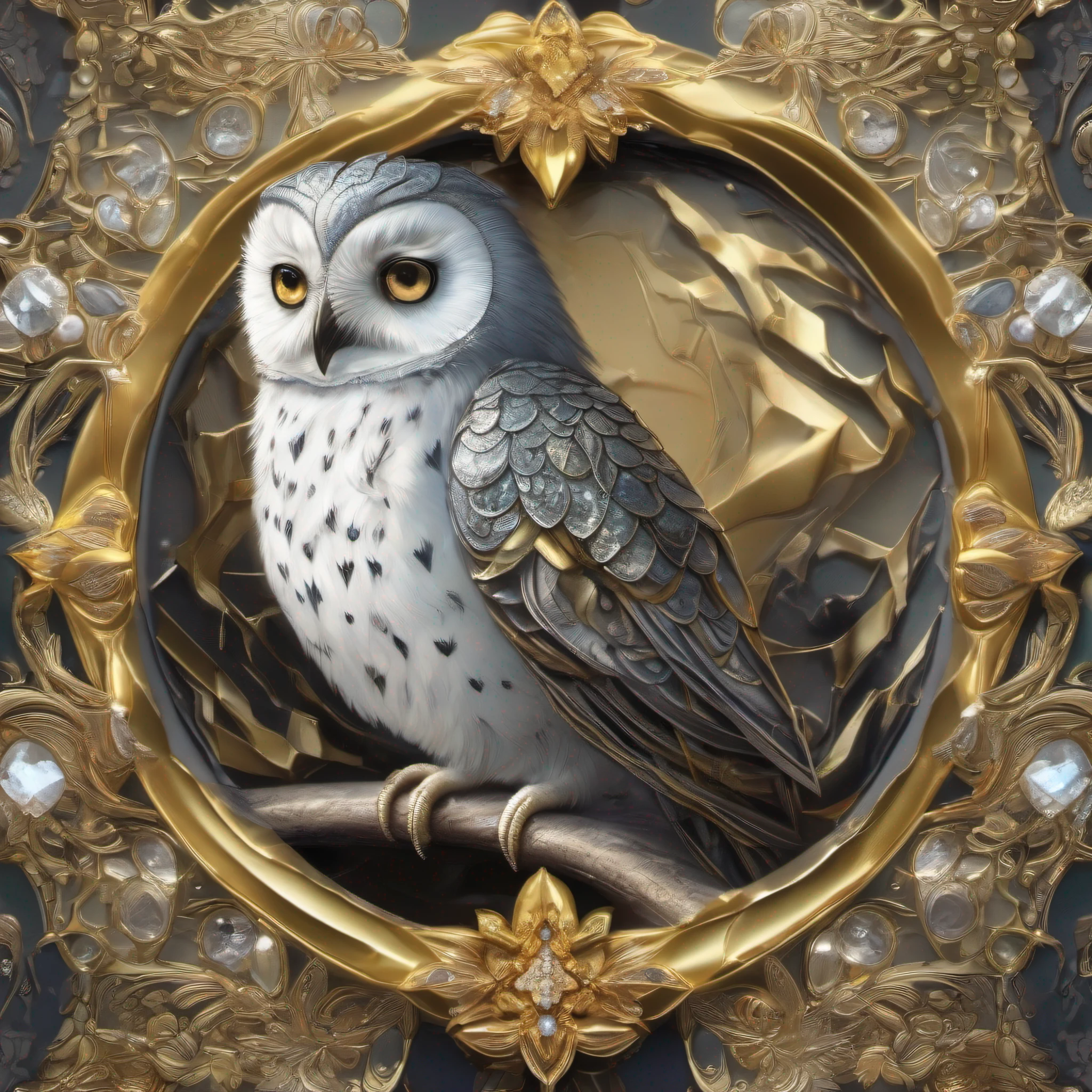 Uma coruja de ouro prata e diamante
