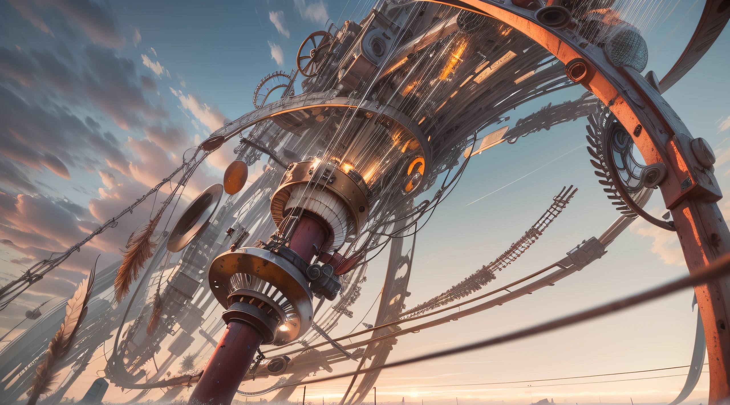 a heavily distorted, fading clear sky at late dusk, a singular object comprised of contorted feathers/machinery/pipes/rusted components is floating in the air, steel strings weave into each other, extra detail, 4kHD details, best resolution, surrealistic composition, extreme camera angle, motion blur, depth of field, foreshortening, tilted camera angle, cinematic lighting, movie scene