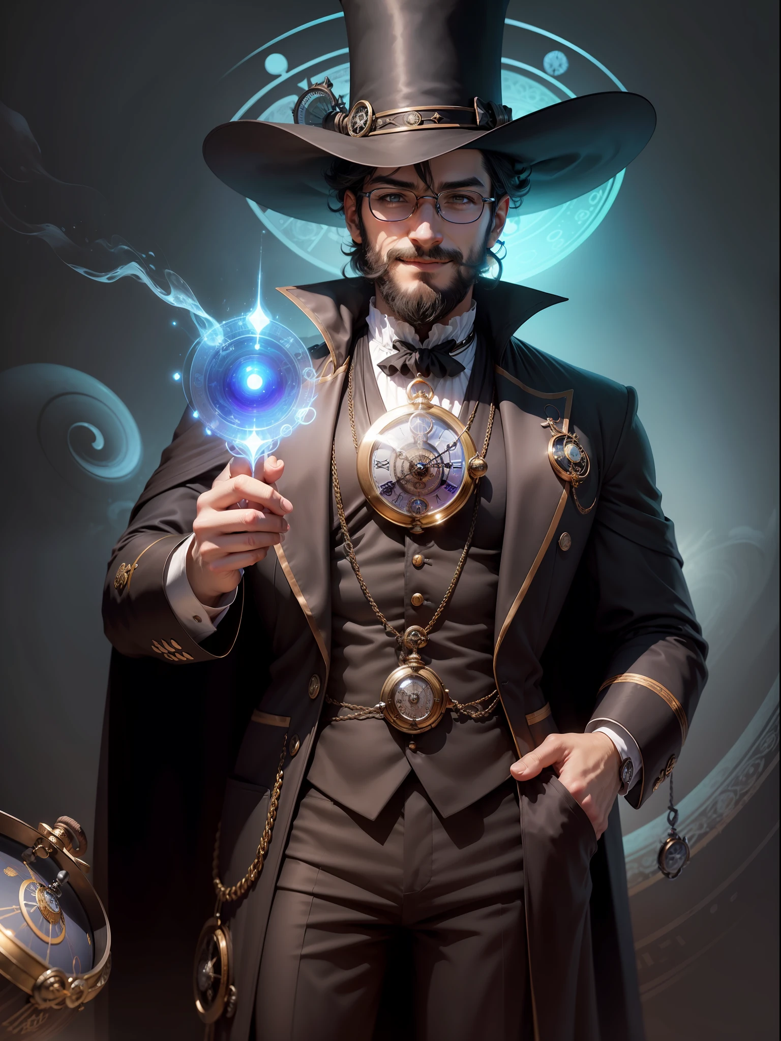 Uma impressionante obra de arte digital no estilo 2.5D brings to life the mysterious and charming theme of a 30-something, with beard and glasses. He is dressed in black mage clothes..., complete with a pointed hat, exuding an aura of mystique. With a playful smile on his lips, He adjusts his monocle, the light reflecting off its surface adding to the intrigue. Behind him hangs a giant pocket watch, shrouded in ethereal mist, further enhancing the enigmatic atmosphere. The close-up composition allows viewers to appreciate the character's intricate details and mesmerizing blend of digital art techniques. This work of art is a true masterpiece, cativando e convidando os espectadores a mergulhar em um mundo de maravilhas. (deslumbrante, misterioso, encantador), (roupas de mago preto:1.3), (Pointed hat:1.2), (playful grin:1.3), (Tight monocle:1.4), (giant pocket watch:1.5), (ethereal haze:1), (detalhes intrincados:1), (Hypnotizing Mistura of Digital Art Techniques:1.5),