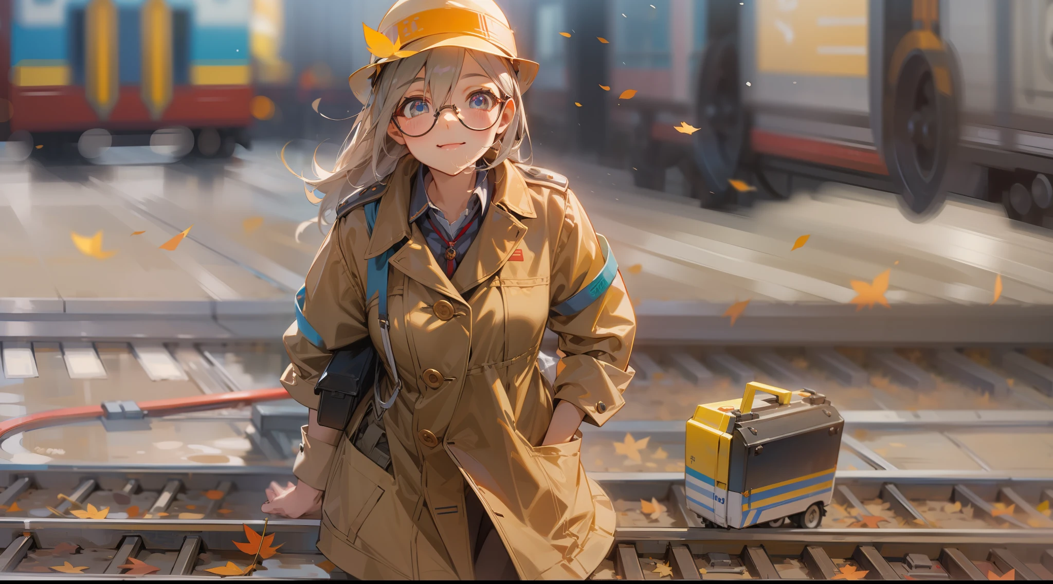 Photo, femele(22) Conductor working on a station platform, Cute, Smile, There are colored contacts in her eyes, Hose Accessories, Full body, Walking , in autumn