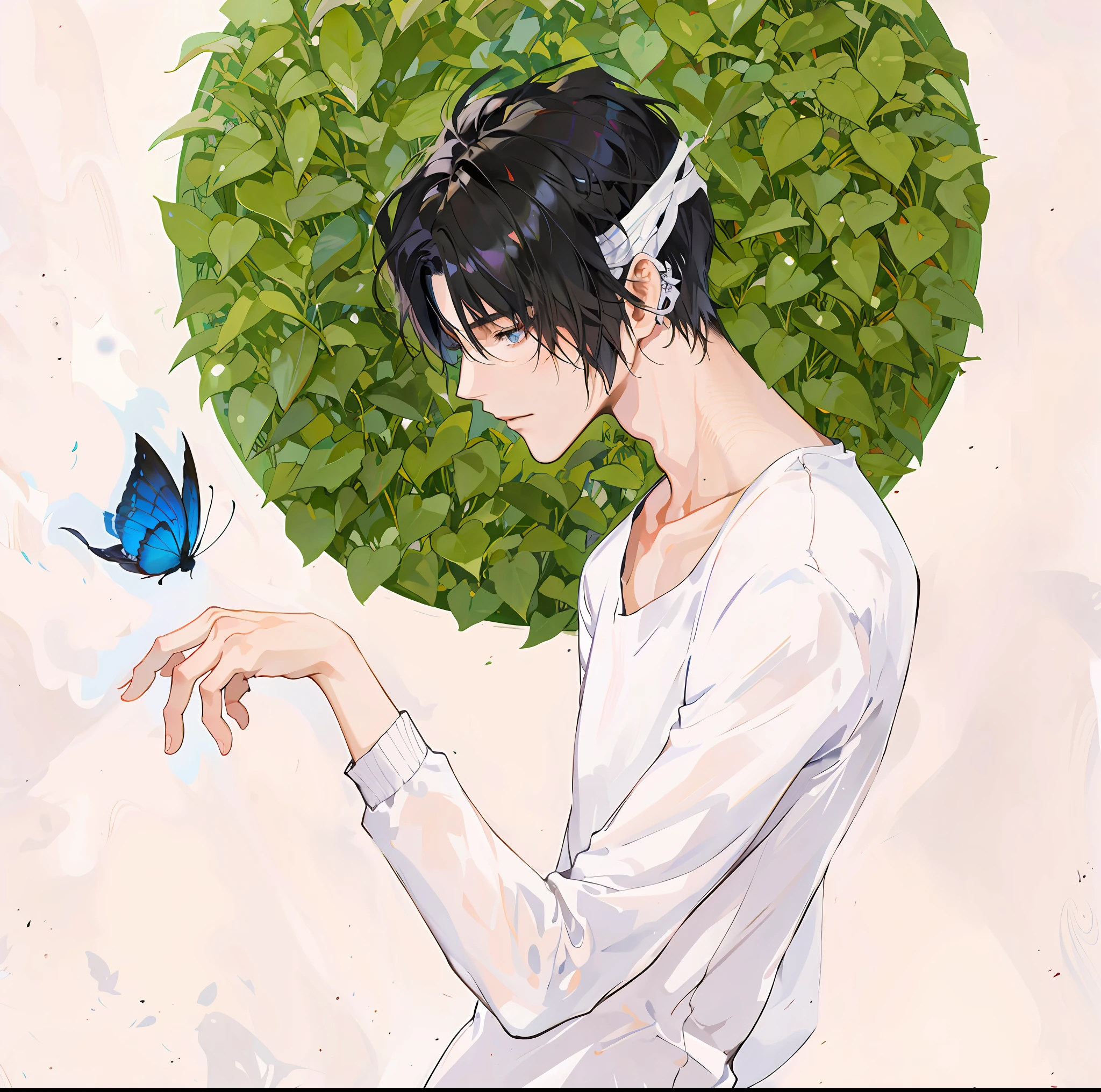 Anime boy with black hair and blue butterfly in hand,The eyes are wrapped in bandages, conrad roset and makoto shinkai, High-quality fanart, by Yang J, Handsome anime pose, author:Golden Farmer, made with anime painter studio, Detailed fanart, By Ni Duan, By Ni Tian, kentaro miura art, author:Kikukawa Sakaeyama, Male anime style