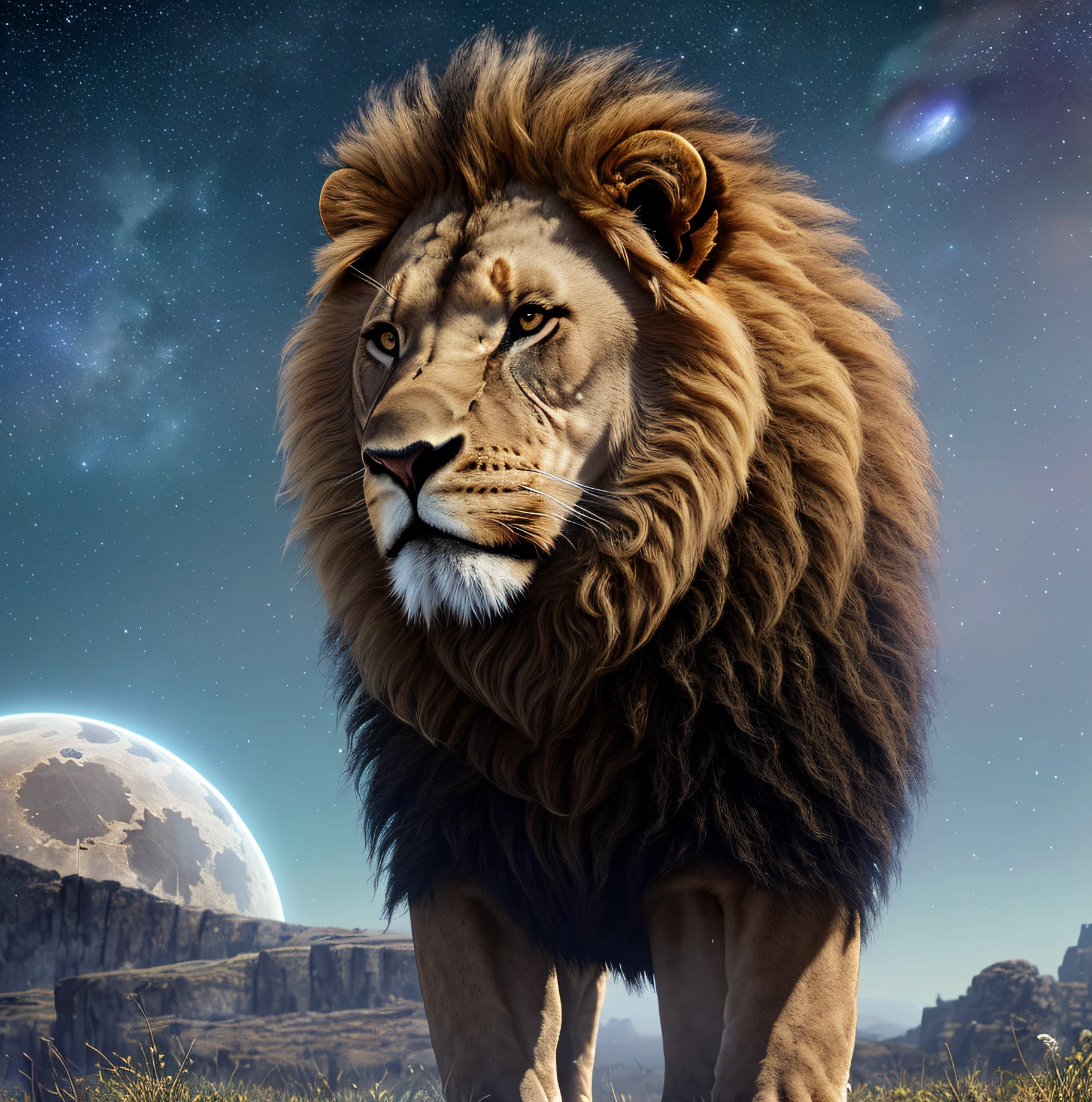 Distant shot of a sitting lion, very beautiful, very realistic, deep detailed lion, dark night, big moon, many stars, space, alien planet background, digital painting, station art, concept art, breathtaking, high detail , very detailed, beautiful, scenery photos, hyperrealism, Unreal Engine 5,UHD, realism, best image, masterpiece.