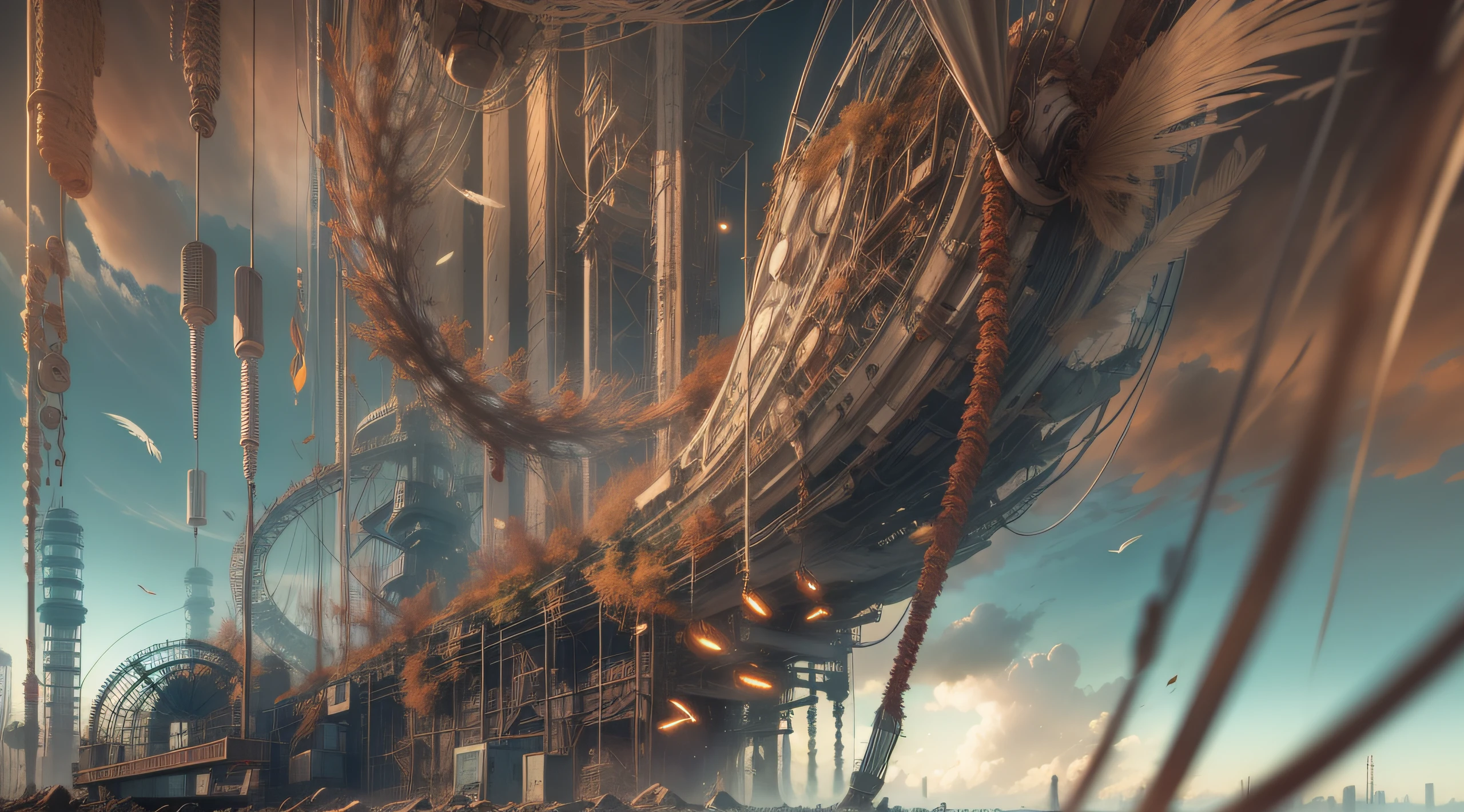 a heavily distorted, fading late morning clear sky, a singular object comprised of contorted feathers/machinery/pipes/rusted components is floating in the air, steel strings weave into each other, see through tubes surround objects at random, extra detail, 4kHD details, best resolution, surrealistic composition, extreme camera angle, motion blur, depth of field, foreshortening, tilted camera angle, cinematic lighting, movie scene
