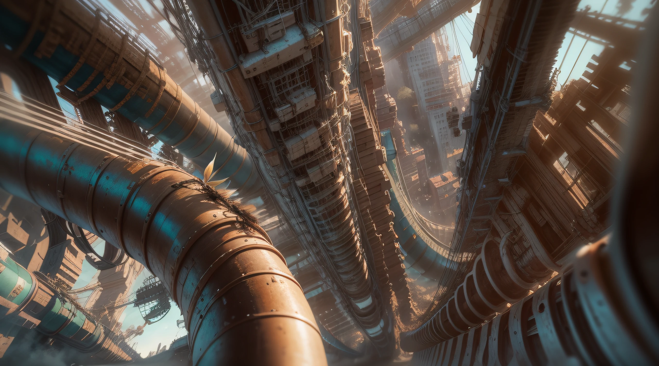 a heavily distorted, fading late morning clear sky, a singular object comprised of contorted feathers/machinery/pipes/rusted components is floating in the air, steel strings weave into each other, see through tubes surround objects at random, extra detail, 4kHD details, best resolution, surrealistic composition, extreme camera angle, motion blur, depth of field, foreshortening, tilted camera angle, cinematic lighting, movie scene