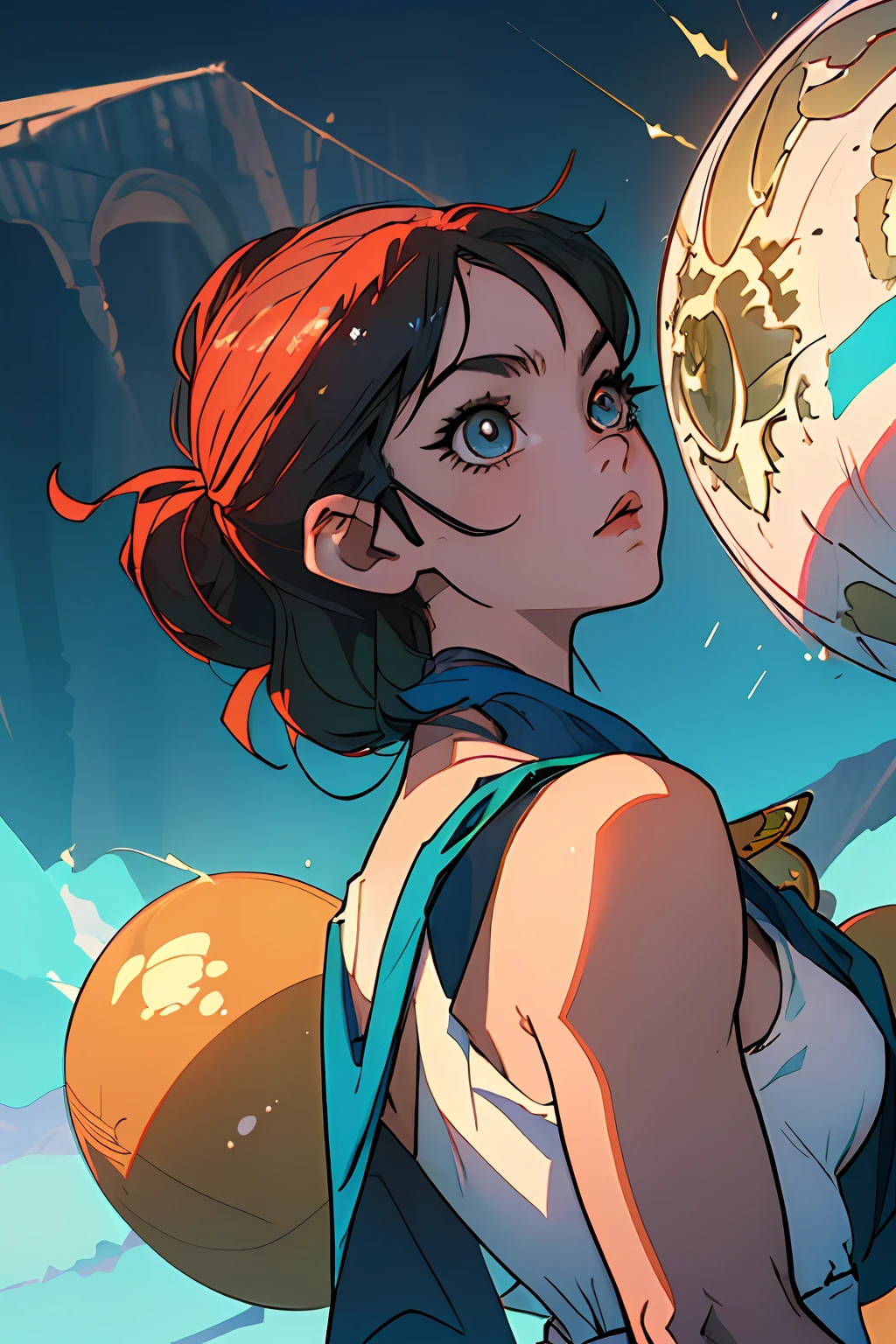 (melhor qualidade, obra-prima), 1girl, Boxer, anel, parte superior do corpo, luz de palco, musculoso, luvas de boxe, Dragon Ball, The god of High school