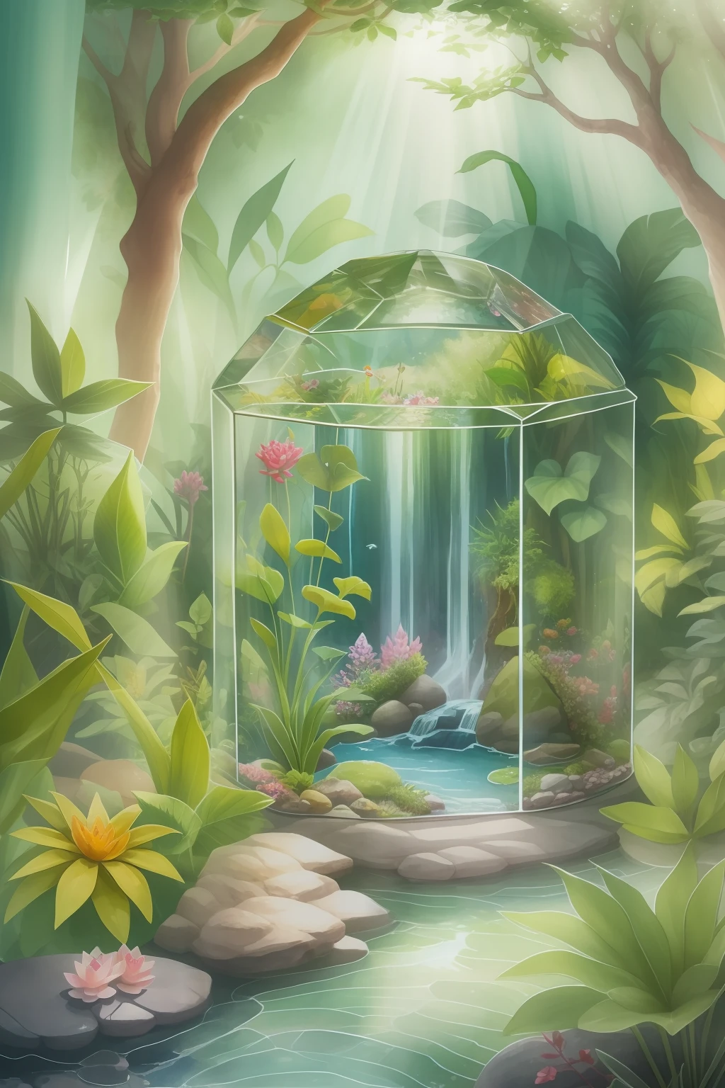 imagine prompt: A lush terrarium with a miniature enchanted forest, featuring vibrant flora and fauna, a tiny waterfall cascading into a crystal-clear pond, rays of soft sunlight filtering through a glass dome, creating a magical atmosphere, Illustration, watercolor on paper, --ar 1:1 --v 5