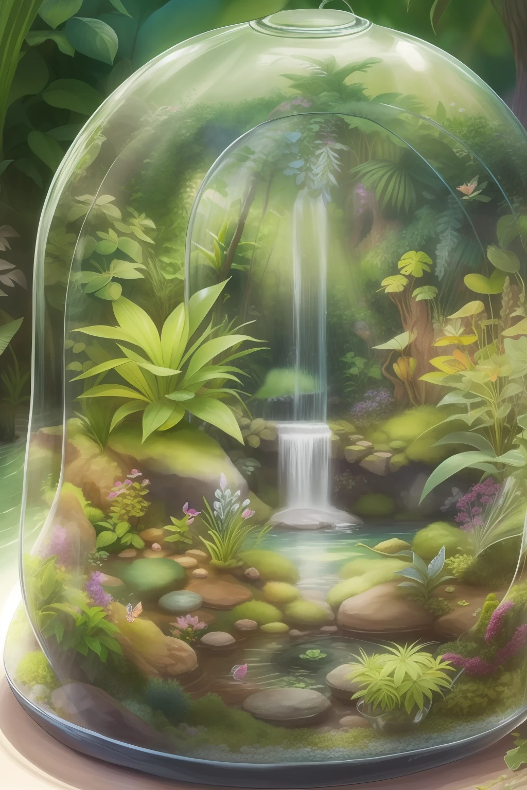 imagine prompt: A lush terrarium with a miniature enchanted forest, featuring vibrant flora and fauna, a tiny waterfall cascading into a crystal-clear pond, rays of soft sunlight filtering through a glass dome, creating a magical atmosphere, Illustration, watercolor on paper, --ar 1:1 --v 5