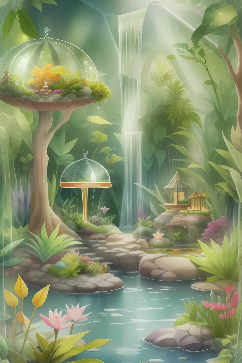 imagine prompt: A lush terrarium with a miniature enchanted forest, featuring vibrant flora and fauna, a tiny waterfall cascading into a crystal-clear pond, rays of soft sunlight filtering through a glass dome, creating a magical atmosphere, Illustration, watercolor on paper, --ar 1:1 --v 5