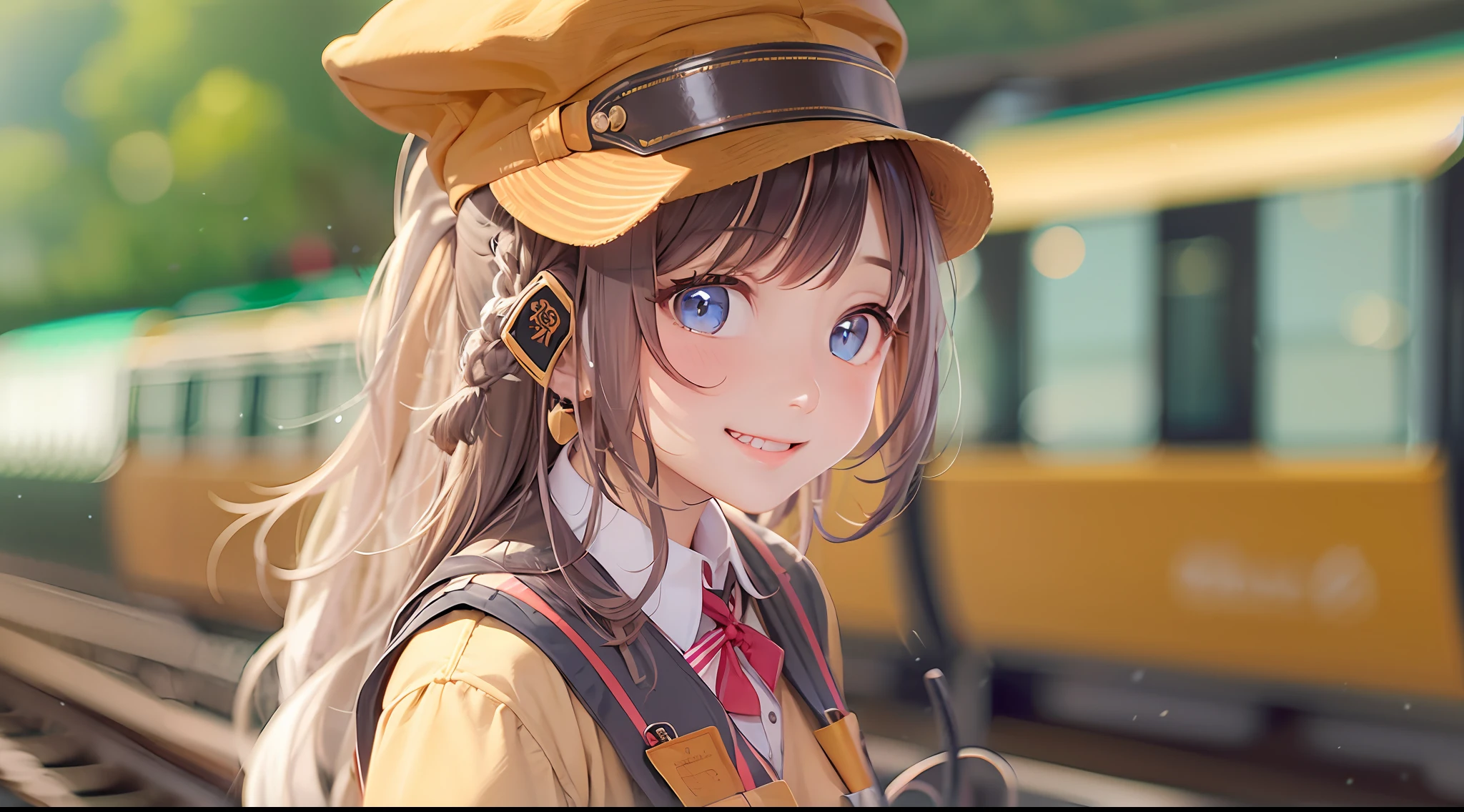 Photo, femele(22) Conductor working at the station platform, Cute, Smile, There are colored contacts in her eyes,校服、 Hose Accessories, Full body, Walking , in autumn