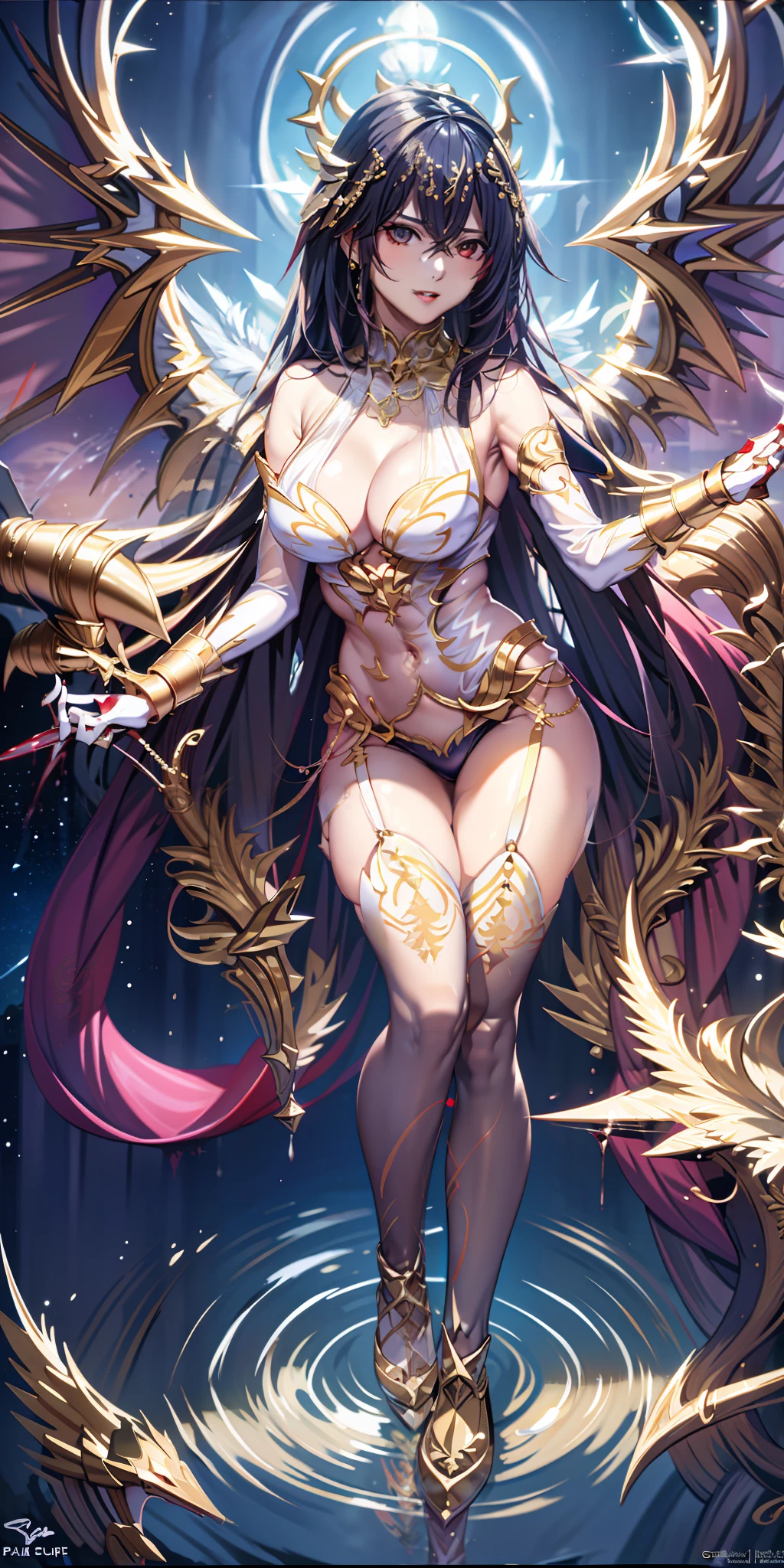 Realstic, 1fille, (Fille succube:1.4), Demon wings in the back,cheveux blancs, (yeux rouges), yeux brillants, pupilles fendues, (sang, splashing blood),stylish dress, décolleté, clavicule, half-open lips, Crocodiles, maquillage, rougir , Nuit, reflection, pleine lune, Clair de lune, rose, castle, ombre, darkness,
