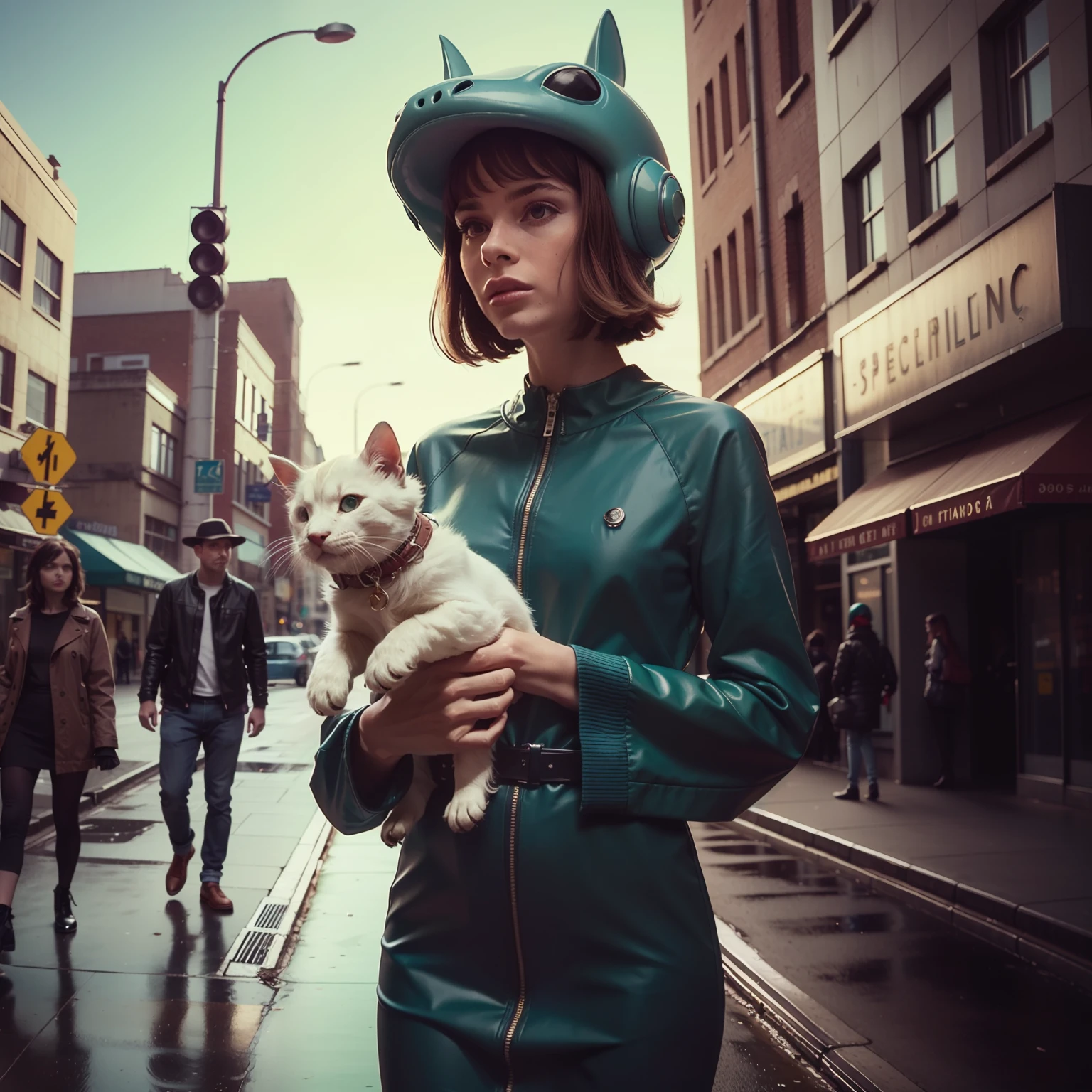 4k image from a 1960s science fiction film by Spike Jonze, Film the shape of Water, pastels colors, Young people in animal helmets holding a mechanical dog on the street, Retro-futuristic fashion clothes from the 60s with alien ornaments, Luz Natural, Psicodelia, futurista estranho, retro-futurista, photo-realistic, Sharp background details.