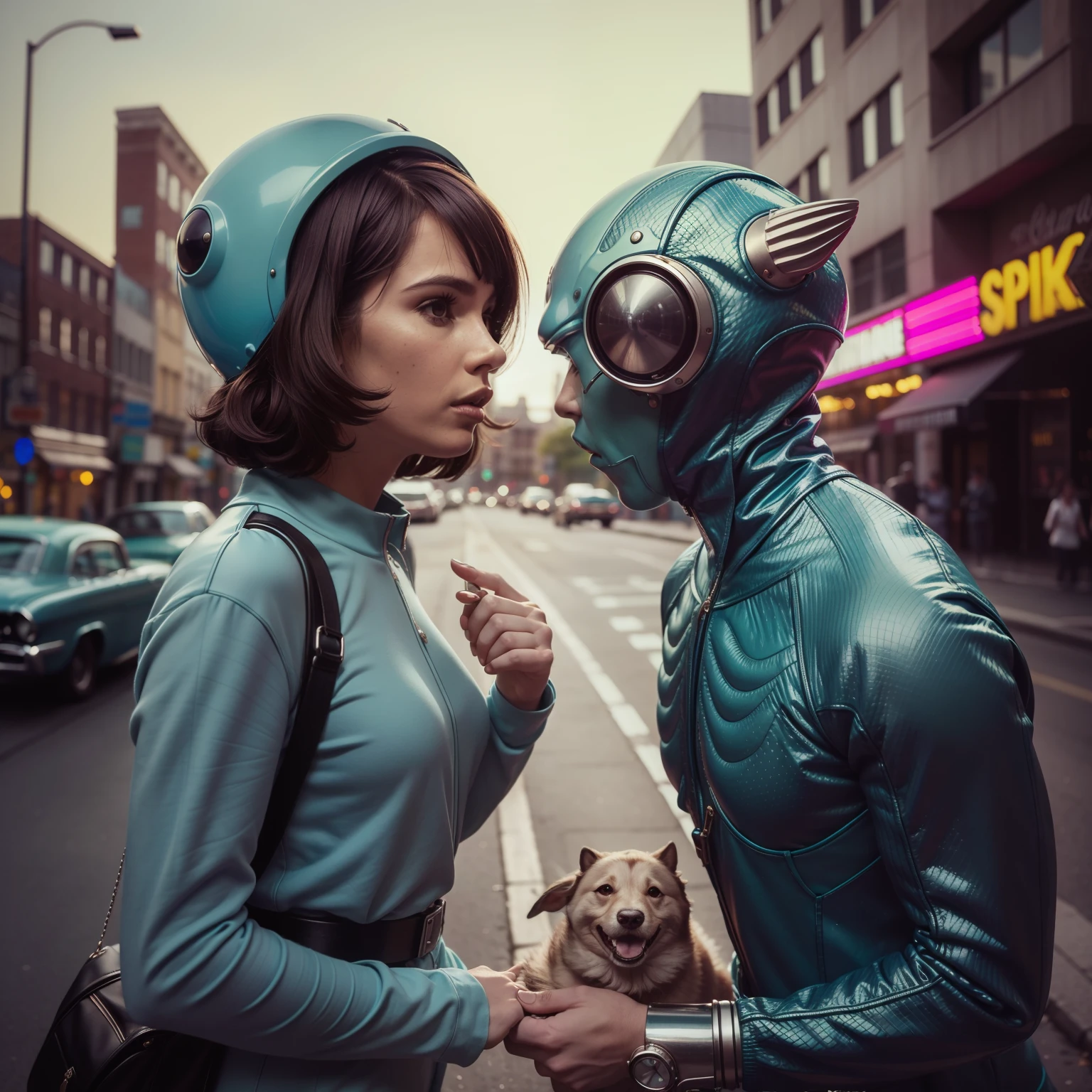 4k image from a 1960s science fiction film by Spike Jonze, Film the shape of Water, pastels colors, Young people in animal helmets holding a mechanical dog on the street, Retro-futuristic fashion clothes from the 60s with alien ornaments, Luz Natural, Psicodelia, futurista estranho, retro-futurista, photo-realistic, Sharp background details.