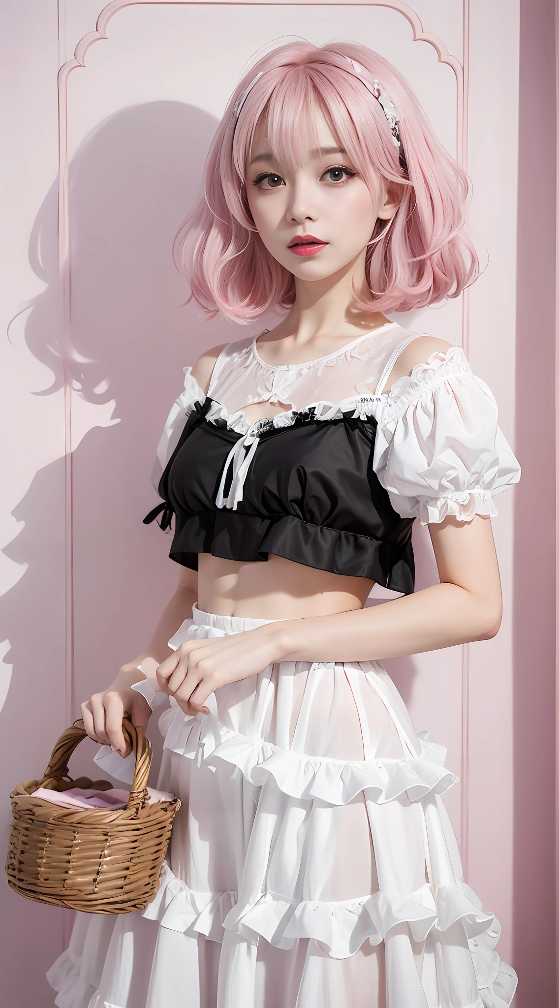 There is a woman with pink hair and a basket of black top, 2 b, 2b, maid clothes, frilld, Lori, frilly outfit, ta style,, fantasy outfit, Wings White Lace Wear, croptop, Cutie, wings lace wear, 19xx, fantasy style clothing