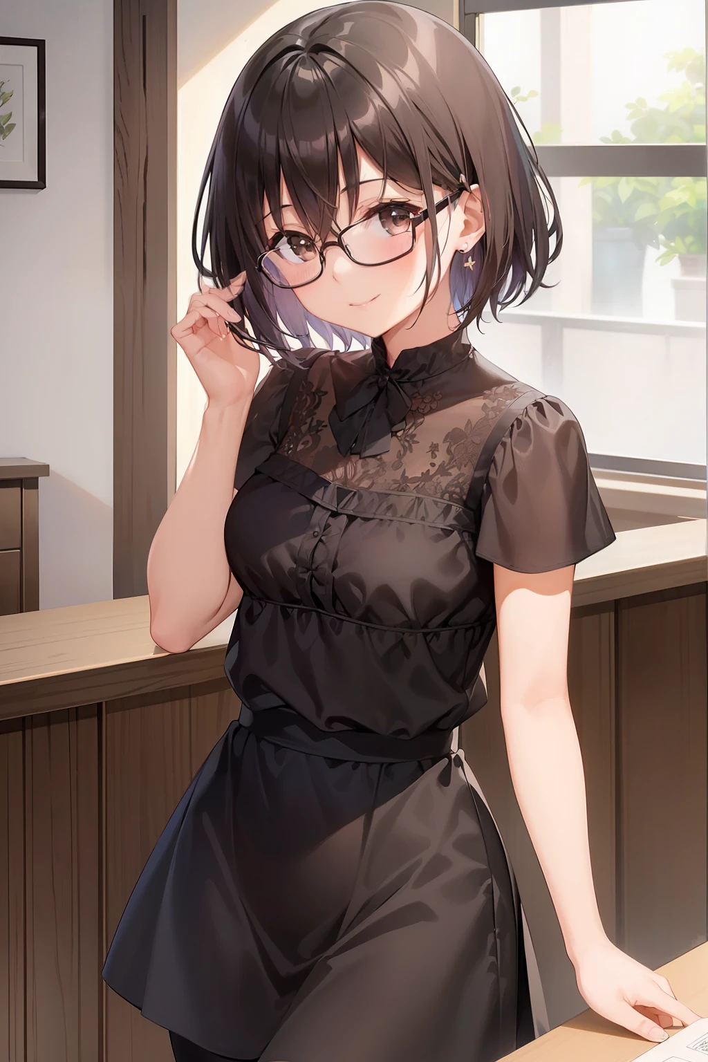 (girl with、Gamine、A dark-haired、short-hair、straight haired、hair adornments、Light brown eyes、A smile、wearing black glasses、small tits、cute  face)、​masterpiece、top-quality、Blouse with lace、Black pants、resturant、toast、coffee